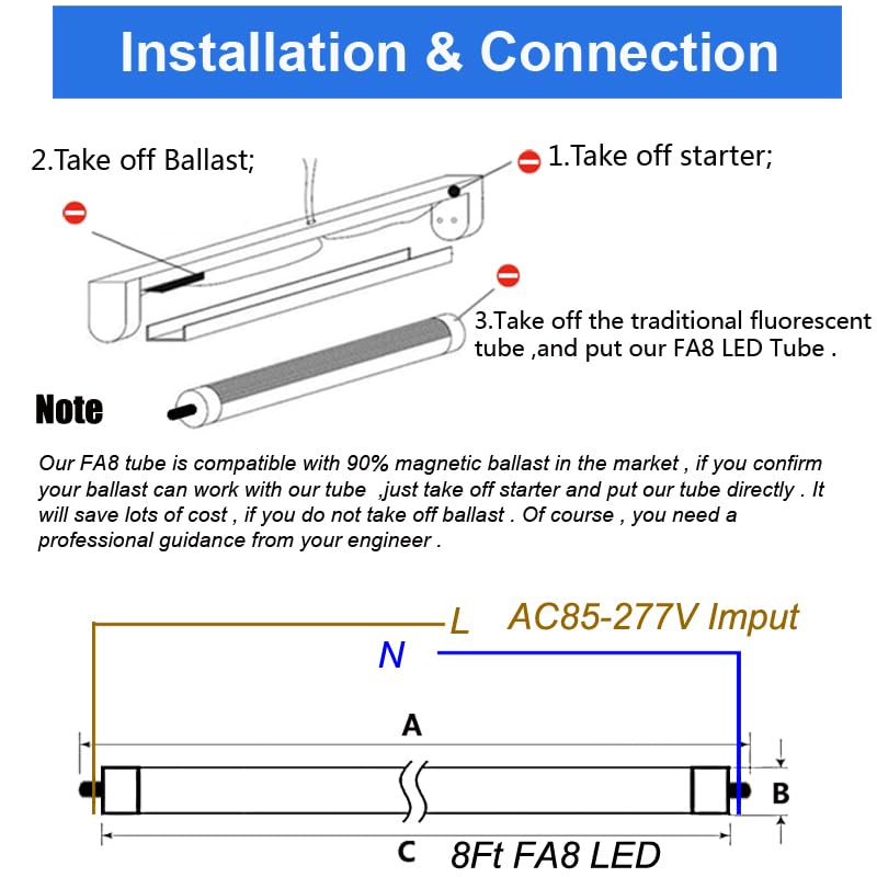 8Ft LED Ballast Bypass Bulbs - 144W Single Pin FA8 F96T12 LED Replacement for T8 T12 T0 Tube Lights - 6500K Daylight White, Clear Cover, No RF/FM Interference (12 Pack) - Perfect for Warehouses, Garages, and Commercial Lighting