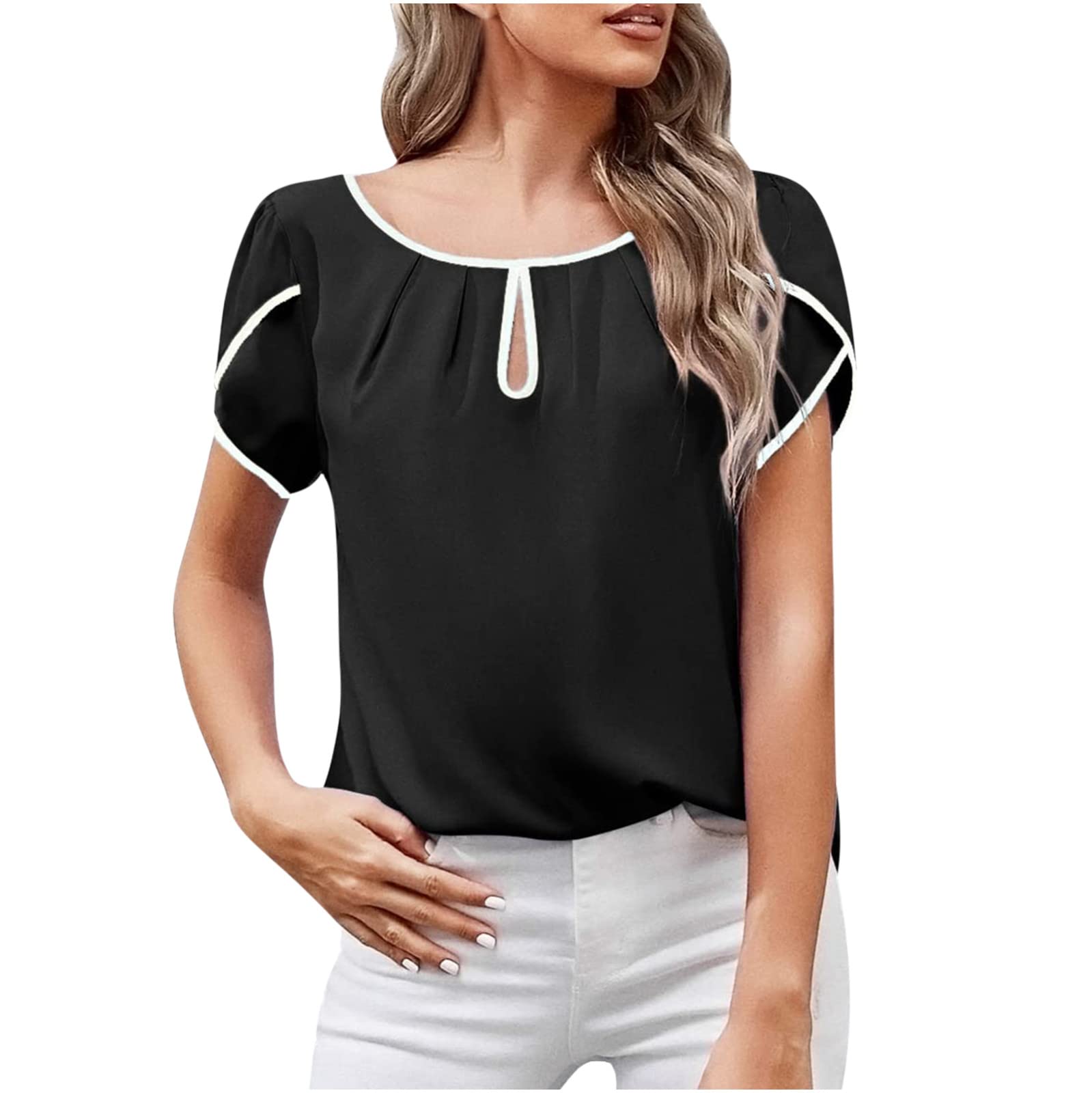 Elegant Women's Summer Tops - Petal Sleeve Hollow Out Blouses for Work & Casual Wear | Breathable Pleated T-Shirts for Office, Dating & Outdoor Activities