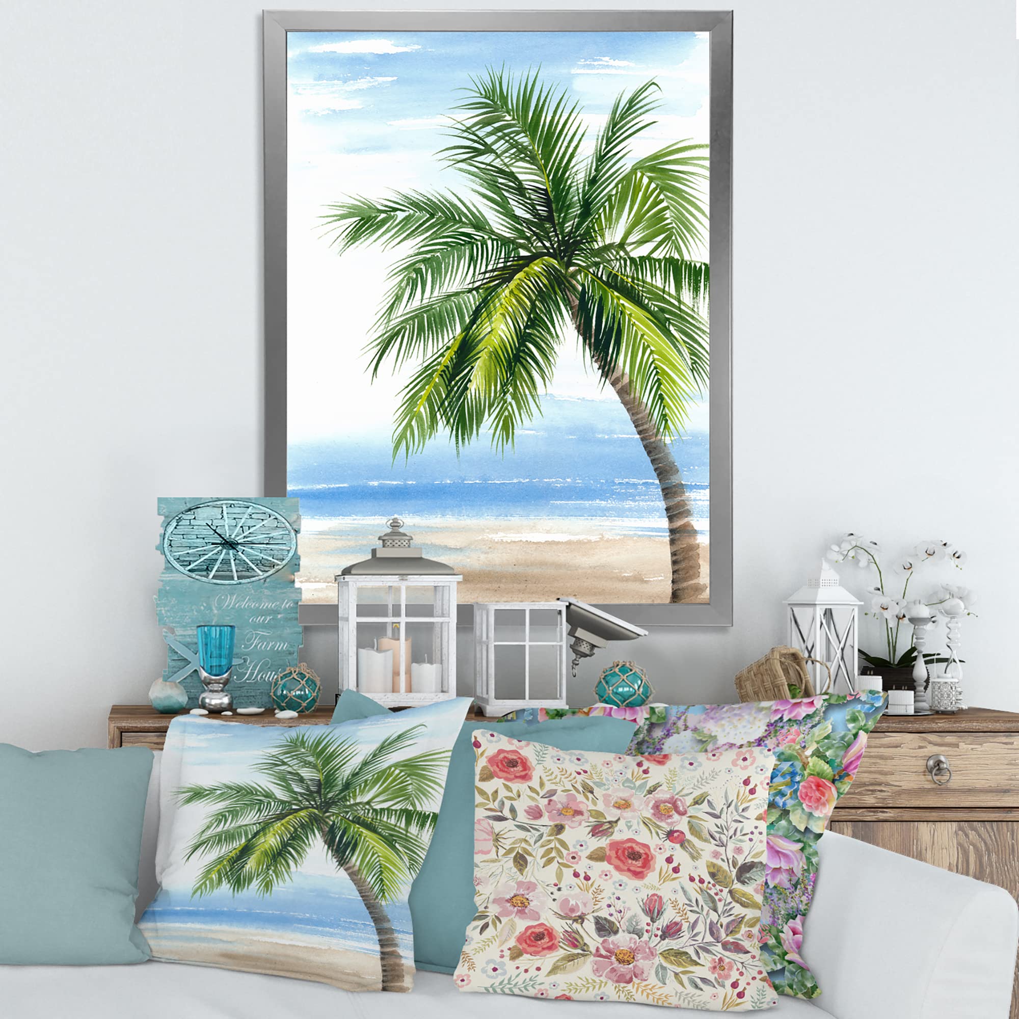 DesignQ Coastal Framed Wall Art - Beach Resort Palm Tree Nautical Decor for Living Room, Bedroom & Office