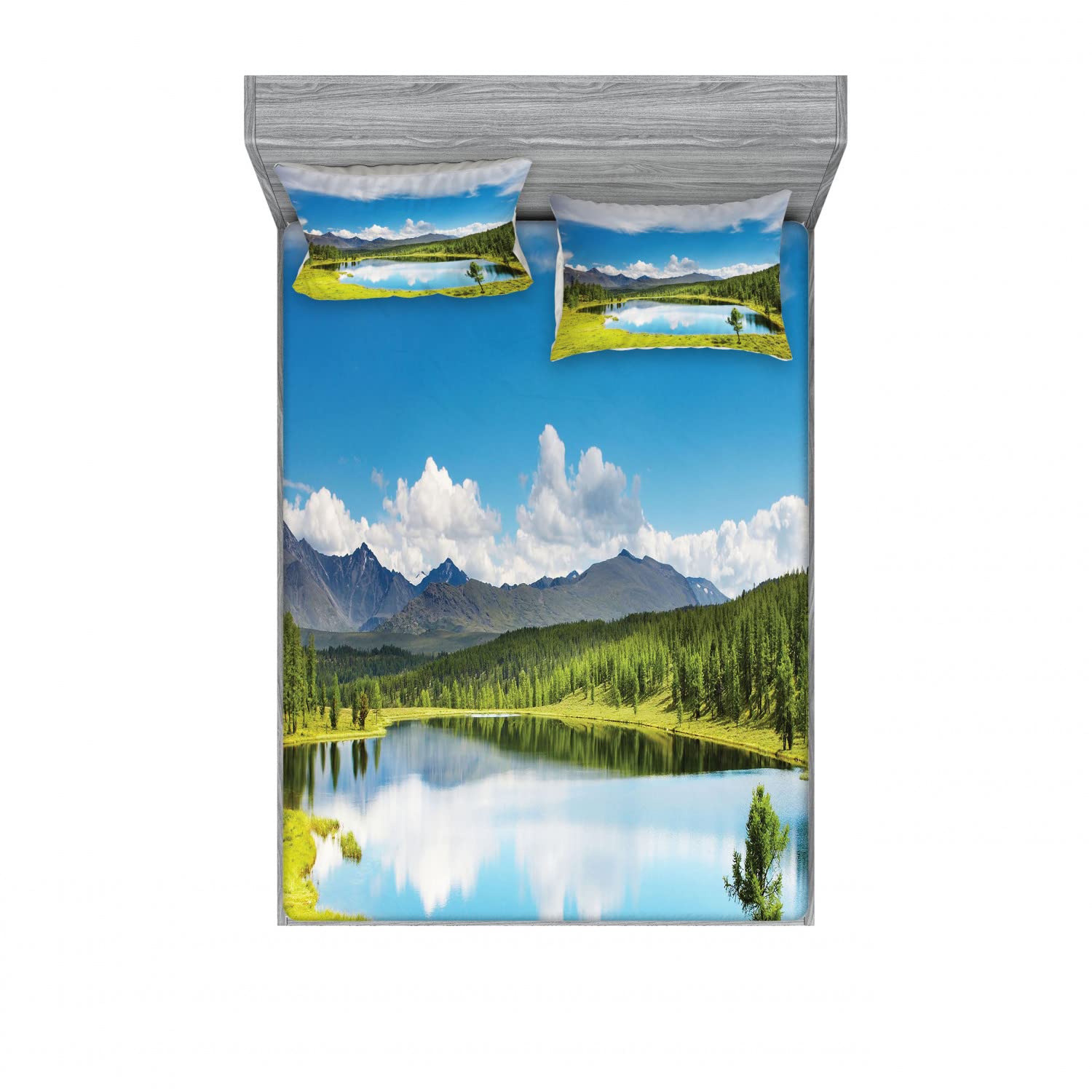 Ambesonne 2-Piece Queen Fitted Sheet Set with 4 Pillow Shams - Sky Mountain Landscape Bedding in Green Blue White - Soft Microfiber Sheets for Guest Room, Vacation Home & Cozy Bedroom Decor
