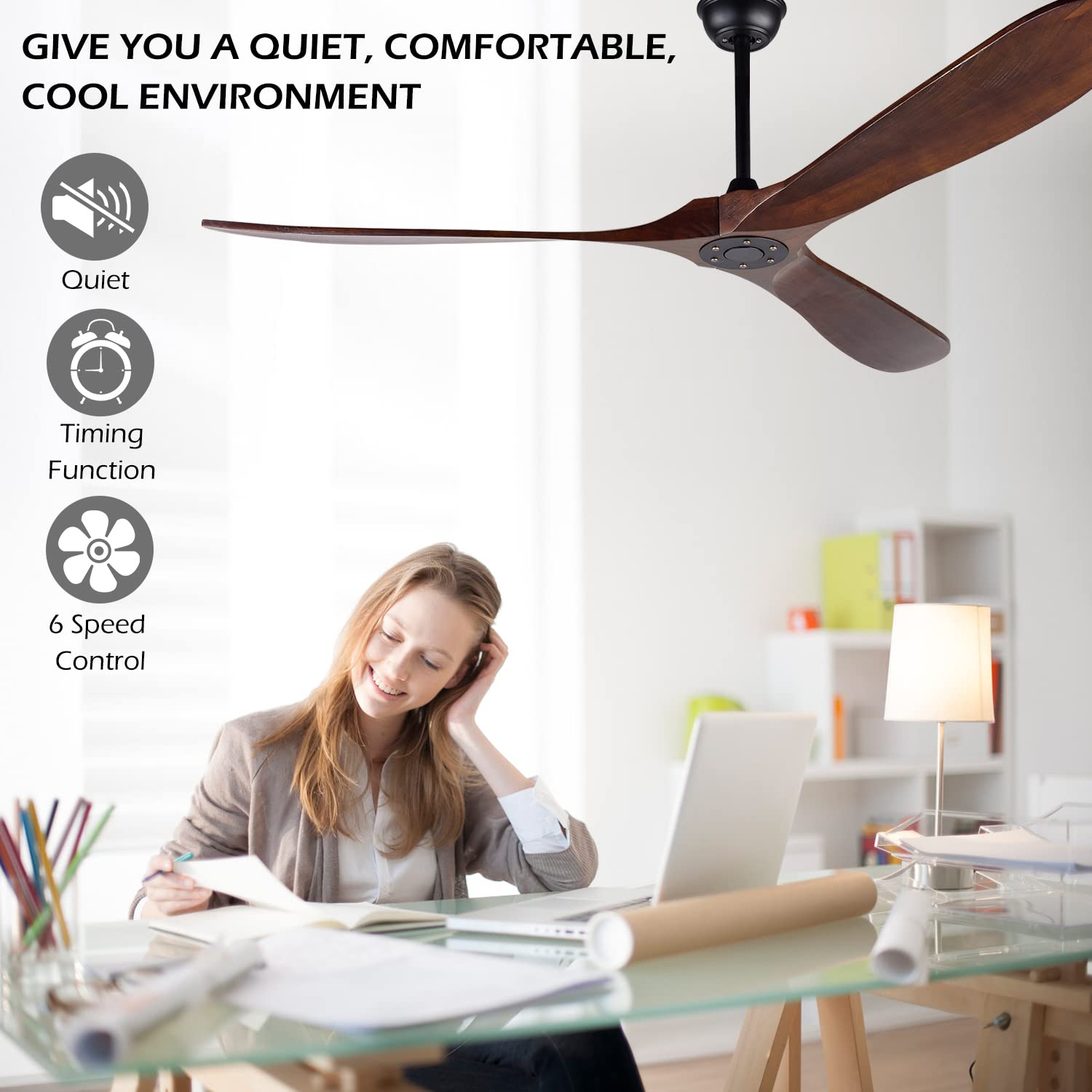 70 Inch Solid Wood Ceiling Fan Without Light - Remote Control, 3 Blades, Waterproof - Natural Wood Indoor/Outdoor Ceiling Fan for Patio, Bedroom, Living Room - Perfect for Cooling Large Spaces with Rustic Charm
