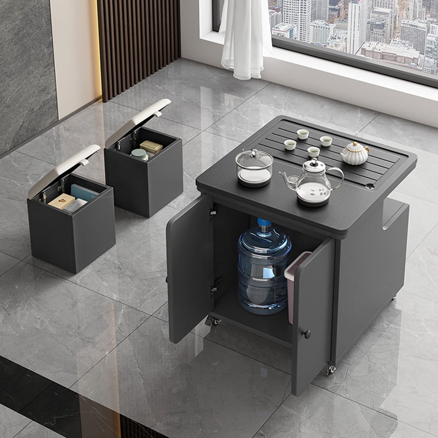 Smart Coffee Table with Touch Screen Boiling System - Luxury Mobile Tea Cart with 3 USB Ports & 2 Storable Footrests - Perfect for Living Room, Office & Home Entertainment