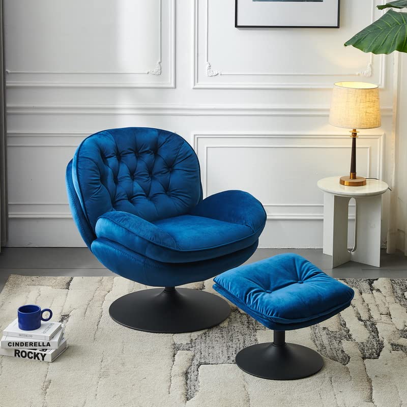 Modern Velvet Swivel Accent Chair with Ottoman Set - Blue Velvet Lounge Chair for Living Room, Home Office & Club - Sturdy Metal Base, Comfortable Leisure Seating for Relaxing & Entertaining
