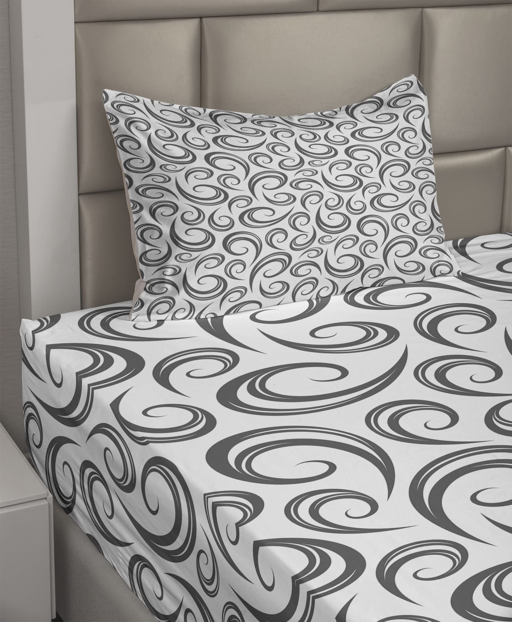 Ambesonne Abstract Sheet Set - Rhythmic Curly Waves Spirals Design, 3-Piece Bedding Set with Fitted Sheet, Flat Sheet & Pillowcase, Twin Size, White Dark Taupe Grey - Perfect for Modern Bedrooms, Guest Rooms & Dorm Decor