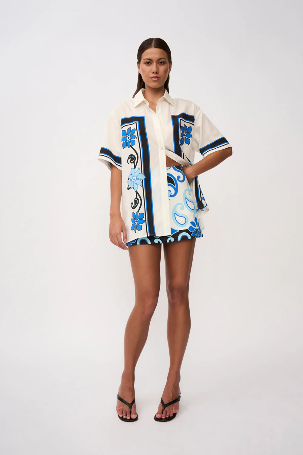 Azure Granada Flower Shirt for Women - Aqua, Navy, Ivory Floral Print Blouse - Perfect for Casual Wear, Office, and Summer Outfits