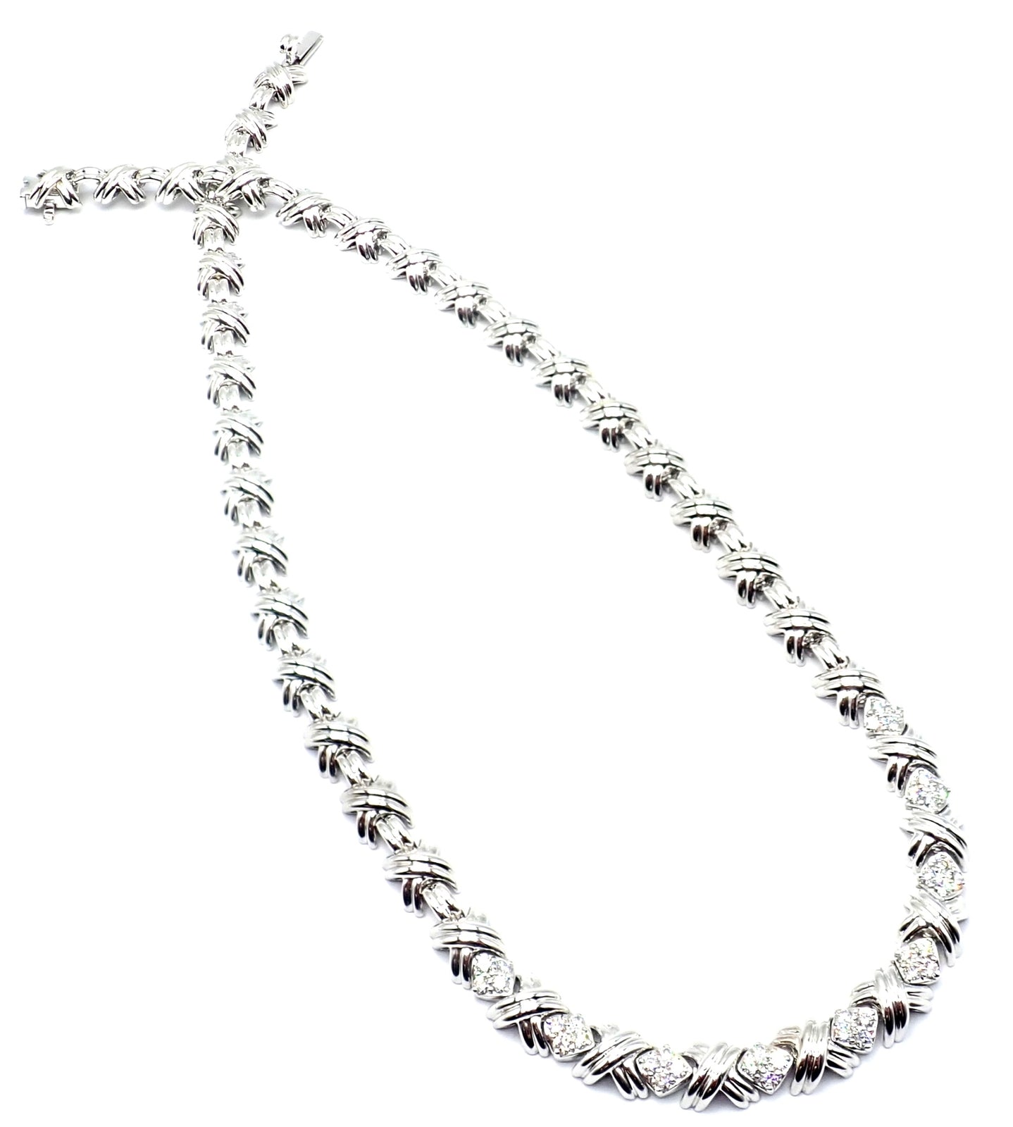 Authentic Tiffany & Co 18k White Gold Diamond Cluster Signature X Link Necklace for Women - Elegant Gift for Anniversary, Wedding & Special Occasions