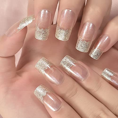 Coolnail French Press on Nails - Medium Length Transparent Glitter Acrylic False Nails | Elegant Glitter Manicure Tips for Daily Office & Salon Use | Reusable Fake Nails for Professional Nail Art & Special Occasions