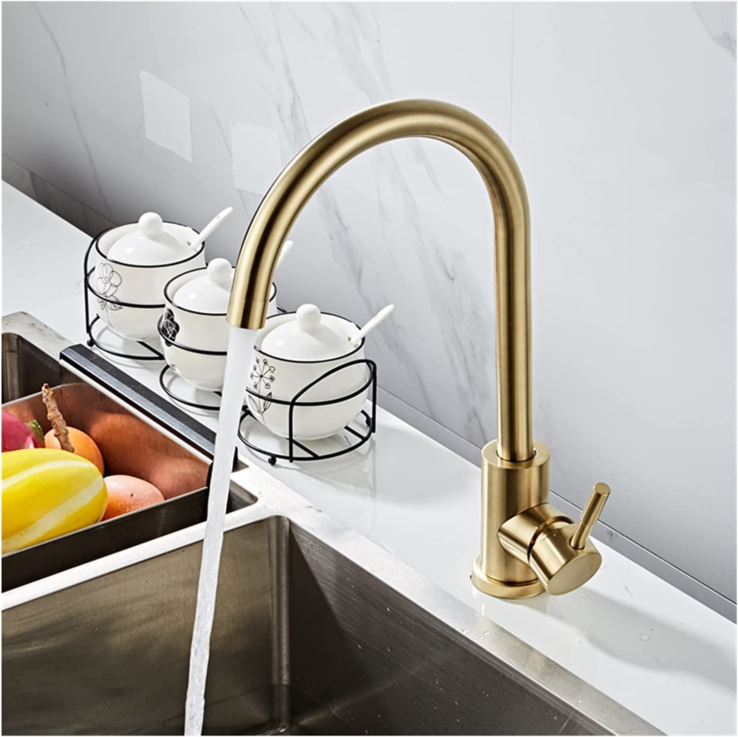 Stainless Steel Single Lever Kitchen Sink Faucet with Brushed Gold Finish - Hot & Cold Water Mixer Tap for Modern Home, Restaurant & Commercial Use
