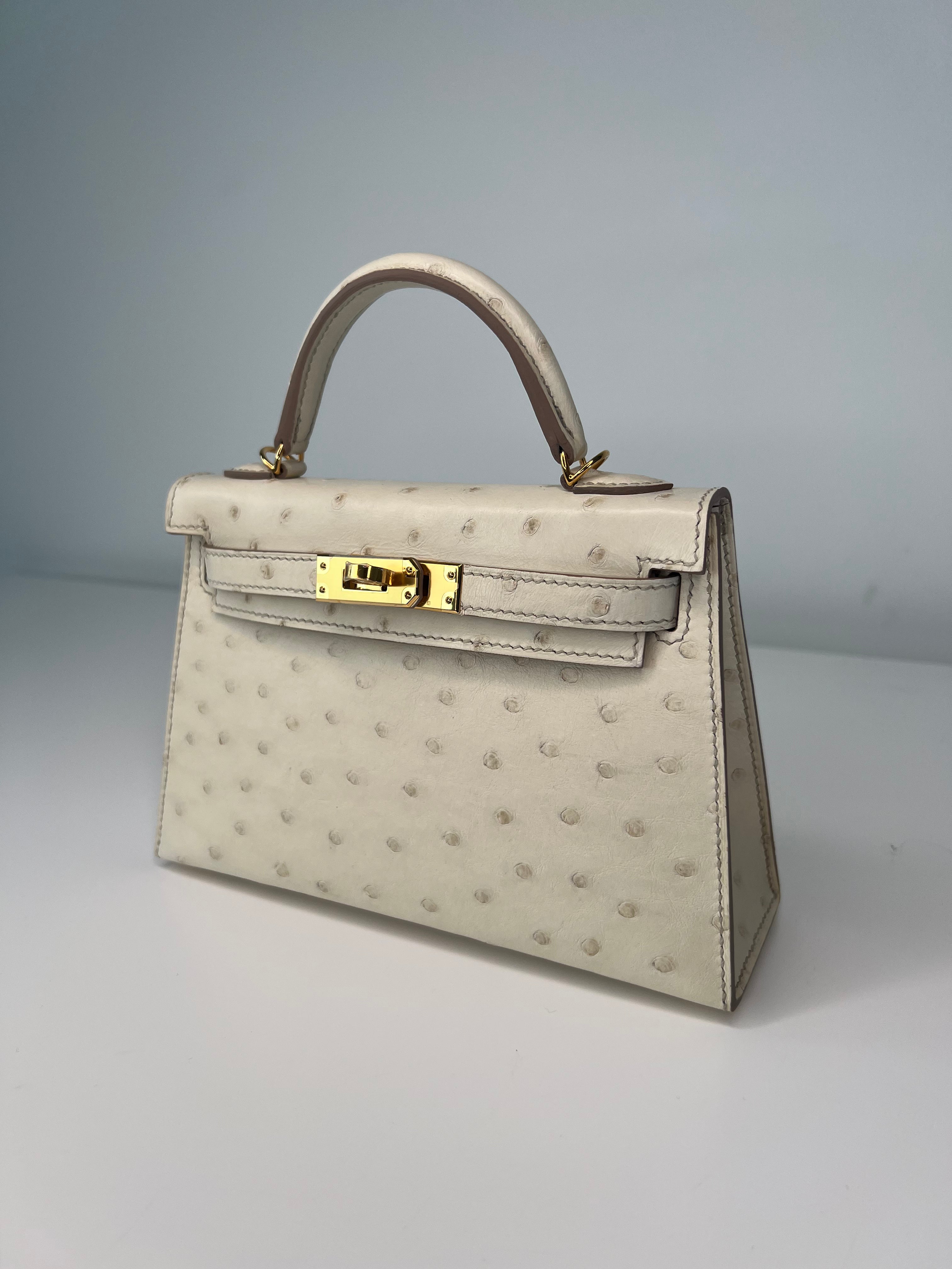 Hermes Kelly 20 Handbag in Beton Ostrich Leather with Gold Hardware - Luxury Crossbody Bag for Women, Perfect for Date Night & Special Occasions