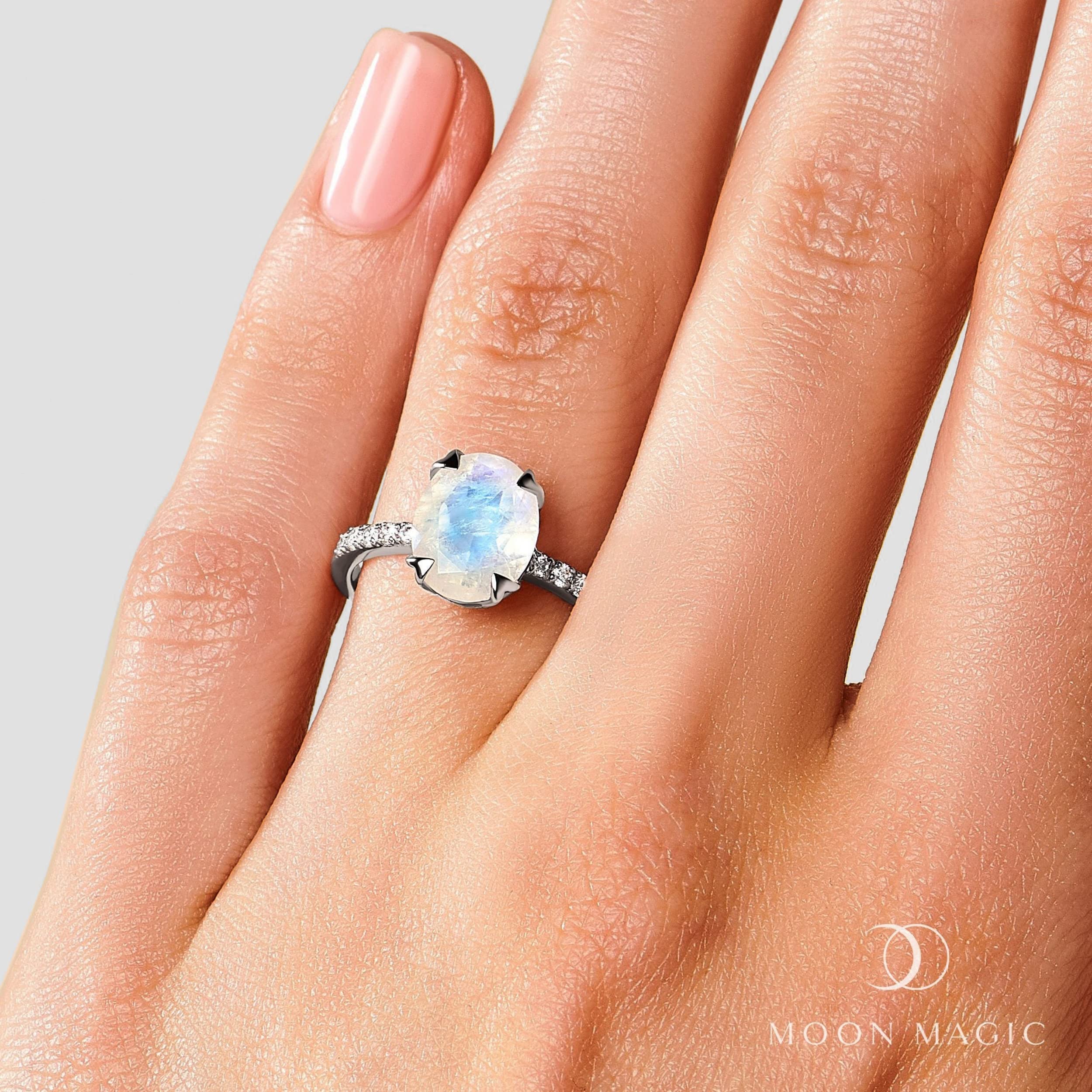 Moon Magic - Genuine Rainbow Moonstone, Ruby, Garnet, Rose Quartz, Obsidian, Amethyst & Opal Rings in 925 Sterling Silver & 18k Rose Gold - Women's Birthstone Jewelry for Everyday Wear, Gift Giving & Special Occasions
