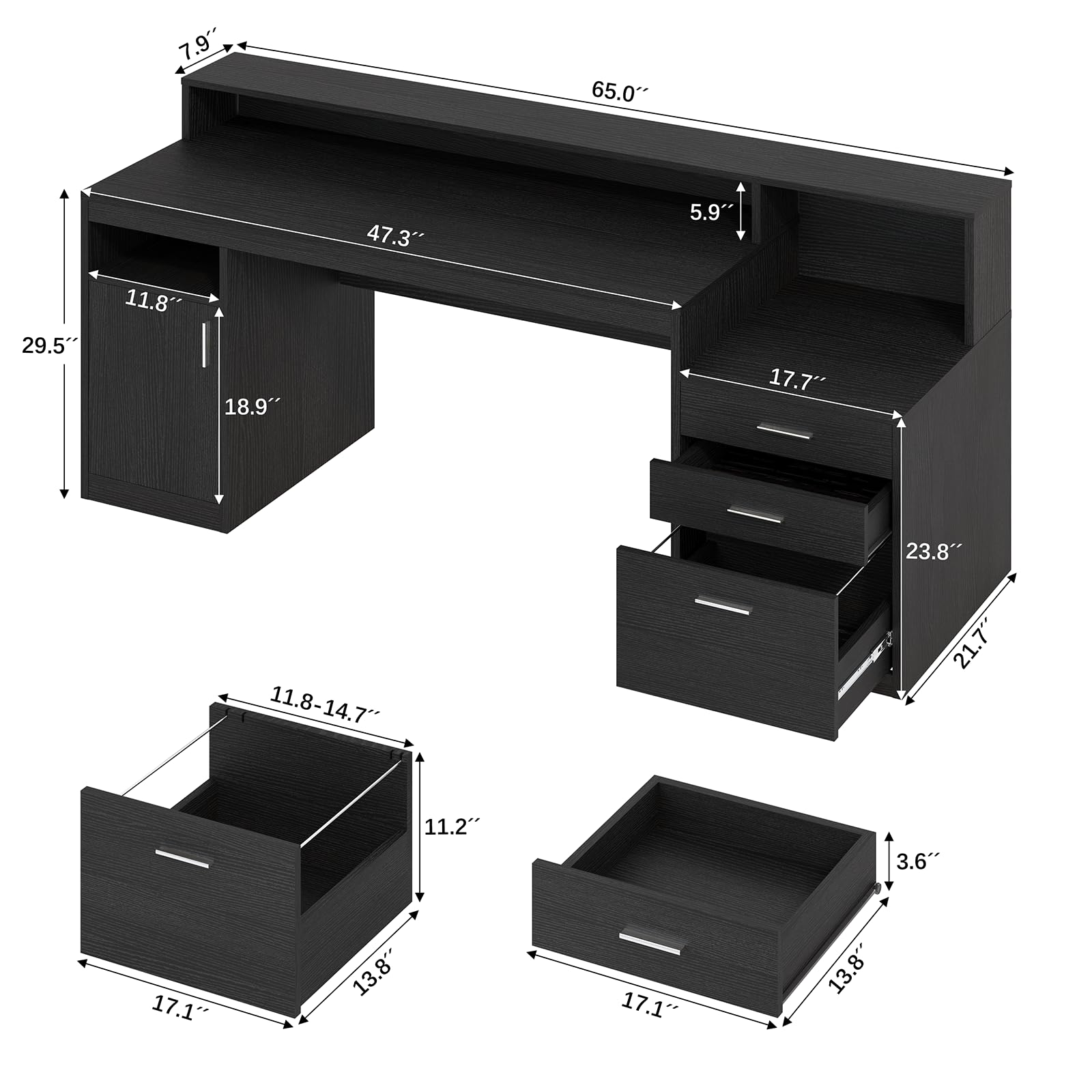 Black Computer Desk with 3 Drawers, Storage Shelves & File Cabinet - Home Office Desk with Monitor Stand & Printer Shelf - Executive Writing Study Table for Small Spaces, Gaming & Remote Work