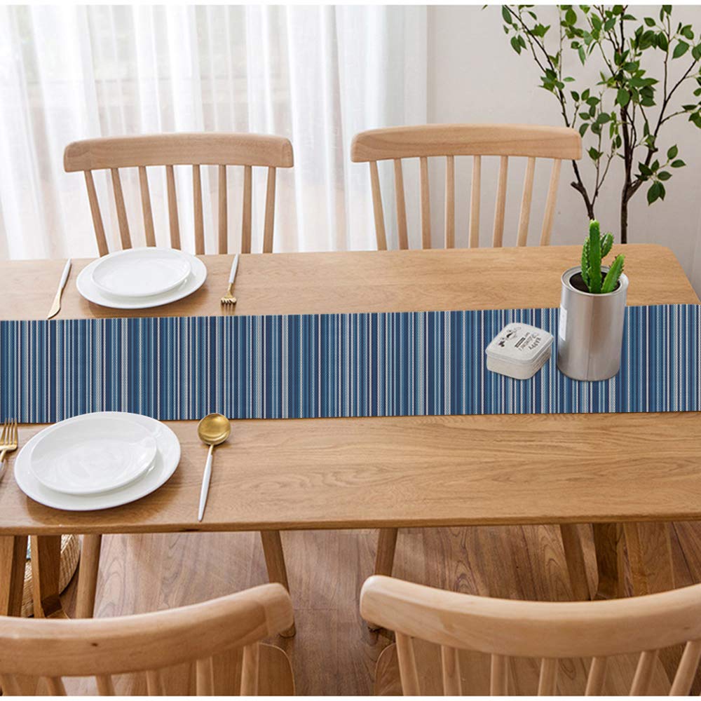 HGOD DESIGNS Blue Striped Table Runner - Abstract Knitted Cotton Linen Tablecloth for Kitchen, Dining & Tea Tables - 14x72 Inch Elegant Placemat & Home Decor | Perfect for Holiday Dinners, Parties & Everyday Use