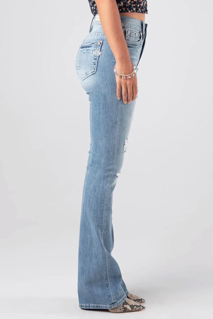 Miss Me H3636B42 Women's Classic Torn Bootcut Jeans - Light Blue Denim for Casual Wear & Everyday Outfits