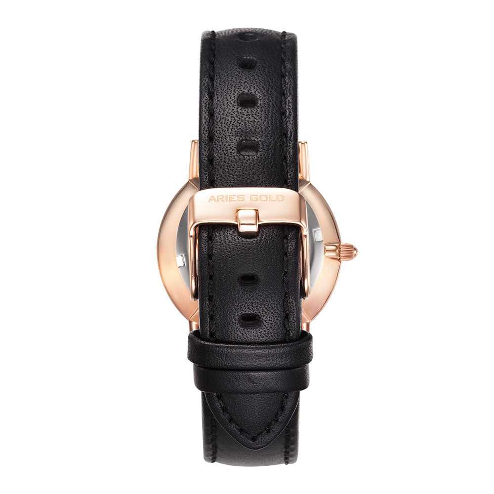 ARIES GOLD URBAN SANTOS Rose Gold Stainless Steel Women's Watch with Black Leather Strap - Fashion Accessory for Everyday Wear, Office & Special Occasions