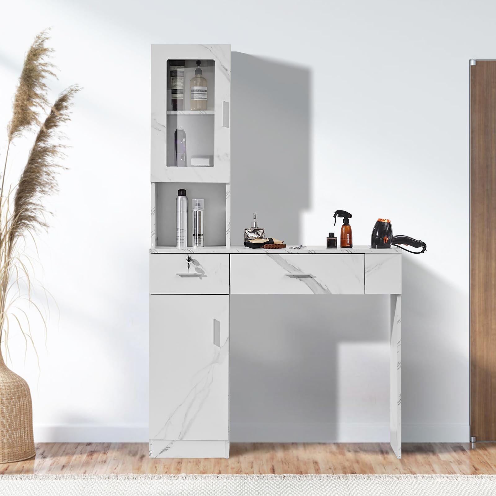 VEVOR Wall Mount Salon Station - Professional Barber & Hair Stylist Storage Cabinet with 3 Cubbies, 2 Drawers (1 Lockable) - White Beauty Spa Furniture for Salon Organization & Home Styling