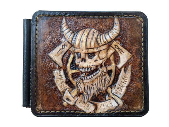 Viking Warrior 3D Genuine Leather Wallet for Men - Handmade Carved Money Clip with Norse Axes, Odin, Runes & Crow Design - Custom Personalized Airbrush Art Tooled Skeleton Skull Wallet - Perfect for Viking Lovers, Collectors & Unique Gift Ideas