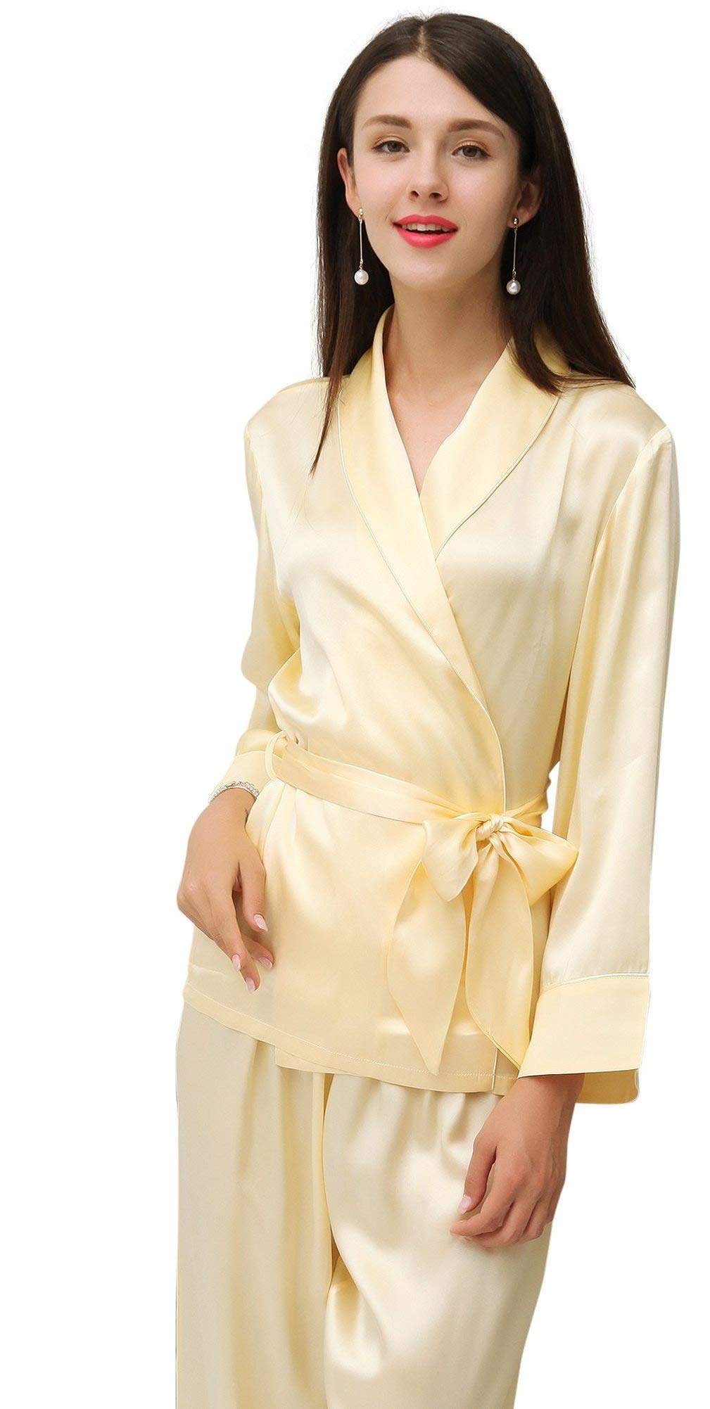 100% Natural Silk Women's Luxury Pajama Set - Soft Robe Style Top with Comfortable Long Pajama Pants for Sleepwear, Lounge & Bridal Shower Gift