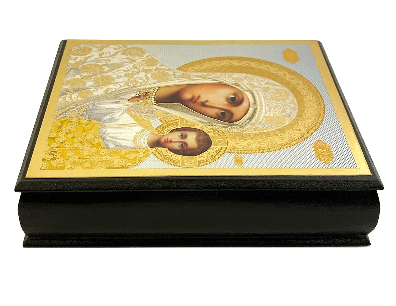 Needzo Rosary Box with Virgin Mary & Kazan Icon - 4 3/4 Inch Wooden Prayer Box for Catholic Devotion, Jewelry Storage & Home Altar Decor