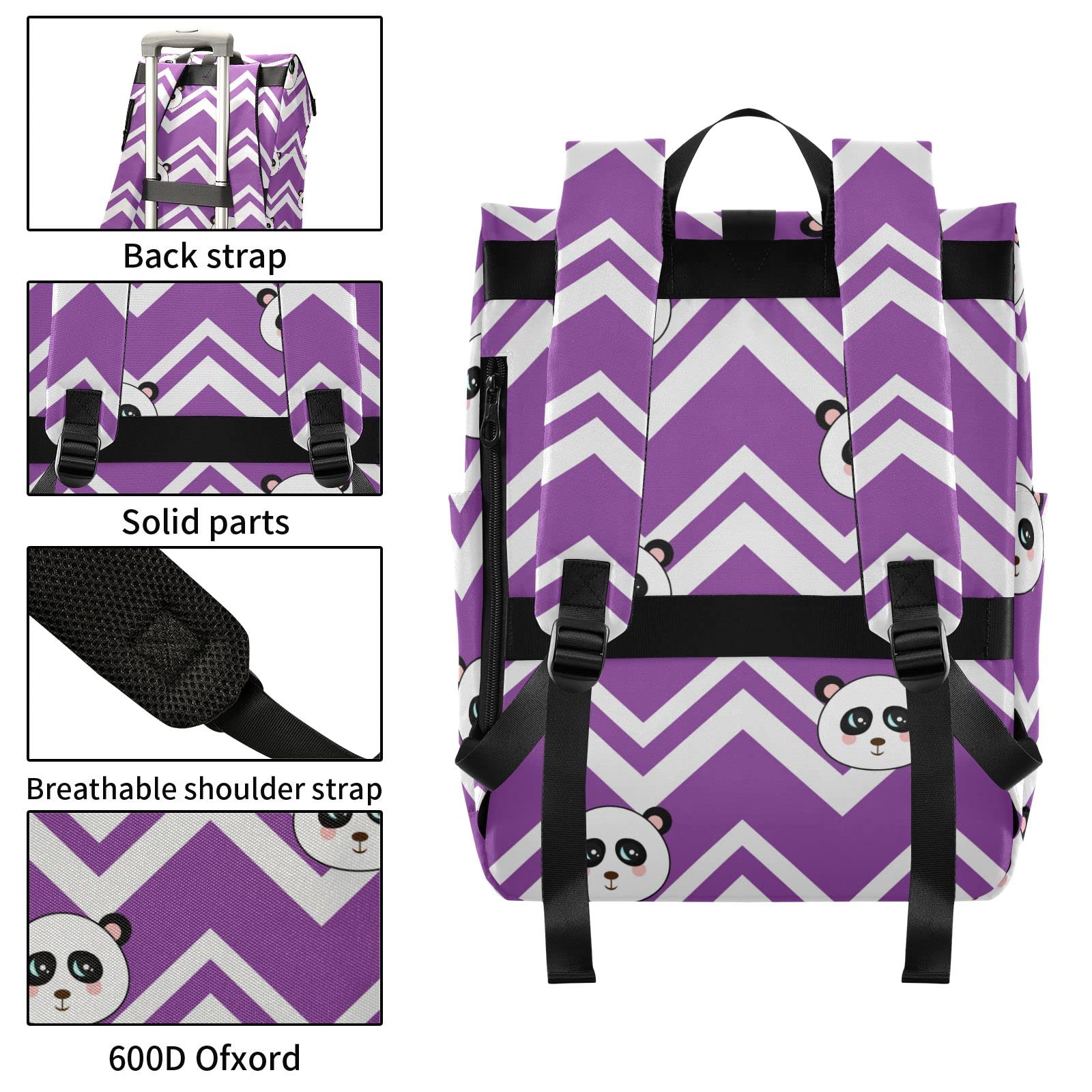 Acpiggto Roll Top Laptop Backpack - Cute Panda Design with Zigzag Stripes in Purple, Waterproof Travel Daypack for Hiking, Gym, Camping & School - Perfect for Work, College & Outdoor Adventures