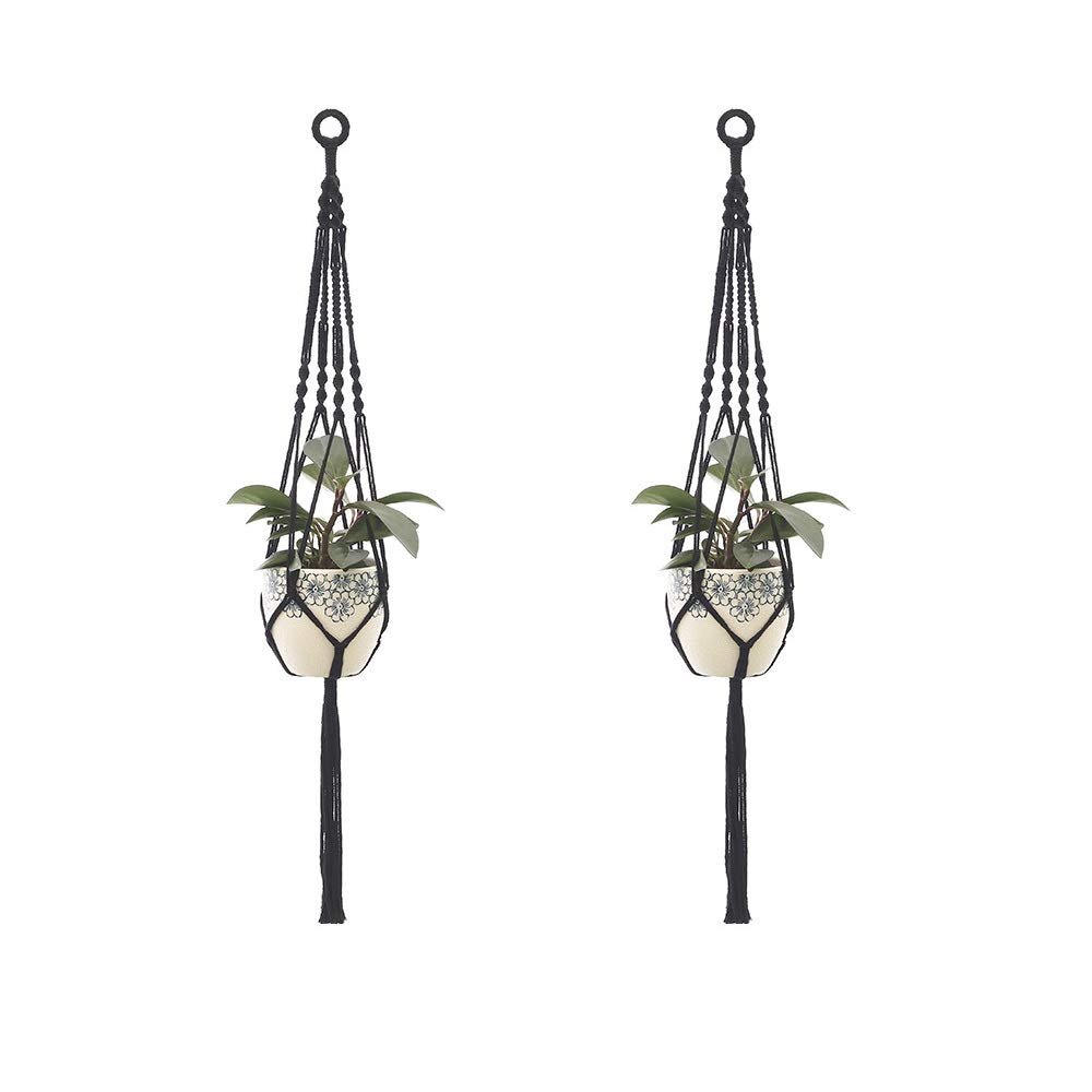 LovHome 2-Pack Colorful Cotton Hanging Planters - Indoor/Outdoor Rope Baskets for Plants (Black) | Perfect for Home Decor, Balcony Gardens & Patio Hanging Plants