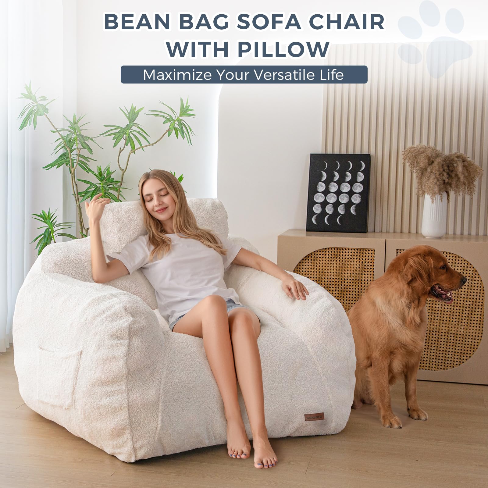 MAXYOYO Oversized Bean Bag Chair with Removable Pillow - Boucle Fabric Bean Bag Sofa for Adults & Teens - Large Upholstered Lounger for Living Room, Bedroom, Game Room - Perfect for Reading, Gaming & Relaxing - Beige Comfort Furniture