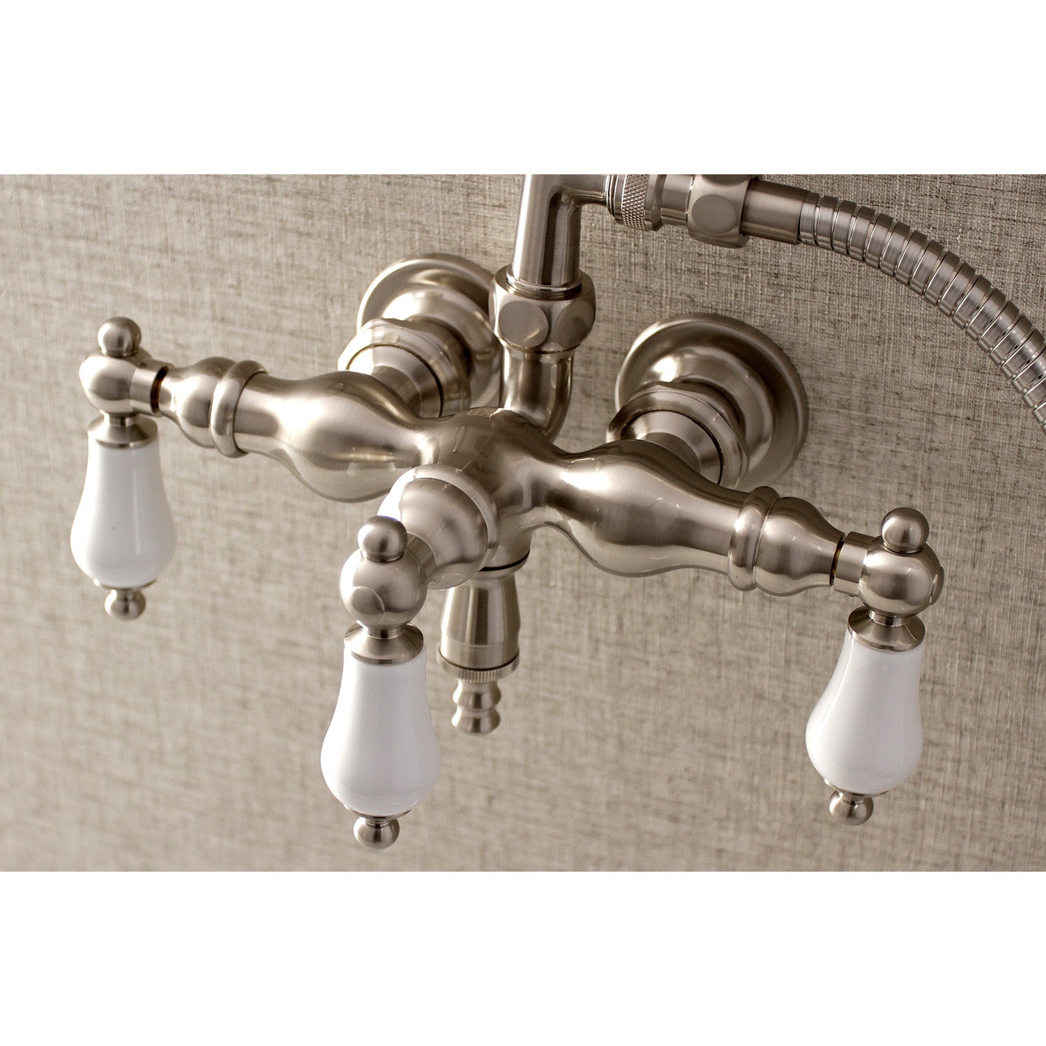 Vintage Style 3-Handle Wall Mount Clawfoot Tub Faucet with Hand Shower in Brushed Nickel - Perfect for Bathroom Renovation & Antique Tub Restoration