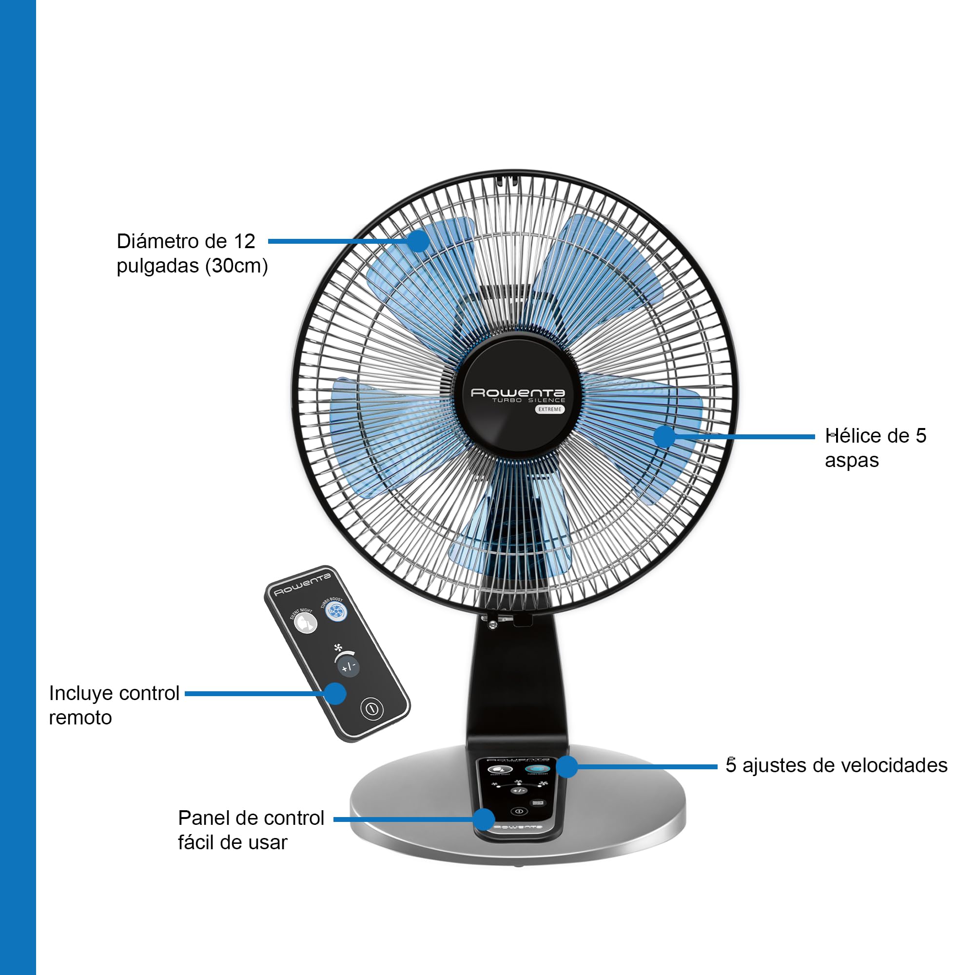 Rowenta VU2660 18-Inch Turbo Silence Table Fan - Ultra Quiet Oscillating Desk Fan with Remote, 5 Speed Settings, Portable for Bedroom, Office & Indoor Use - Black