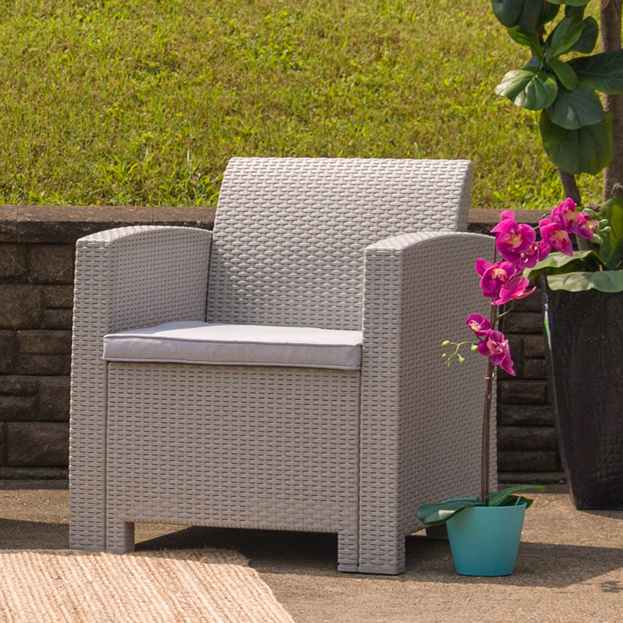Light Gray Faux Rattan Chair with Cushion - Modern Patio Furniture for Outdoor Lounge, Garden, Balcony & Porch Decor
