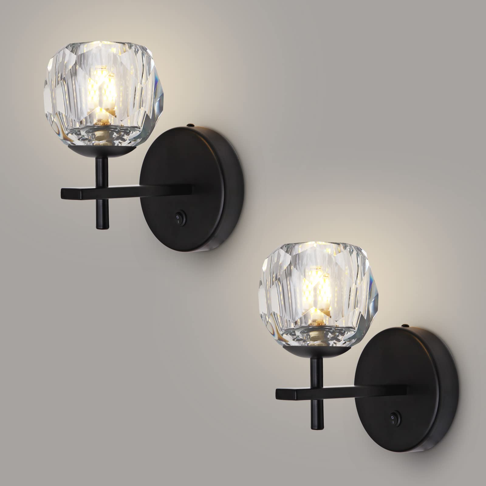 Modern Black Crystal Globe Wall Sconces - Set of 2 with Switch Button, Indoor Wall Mount Lighting Fixtures for Bedroom, Hallway & Living Room - Elegant Home Decor Lighting Solution