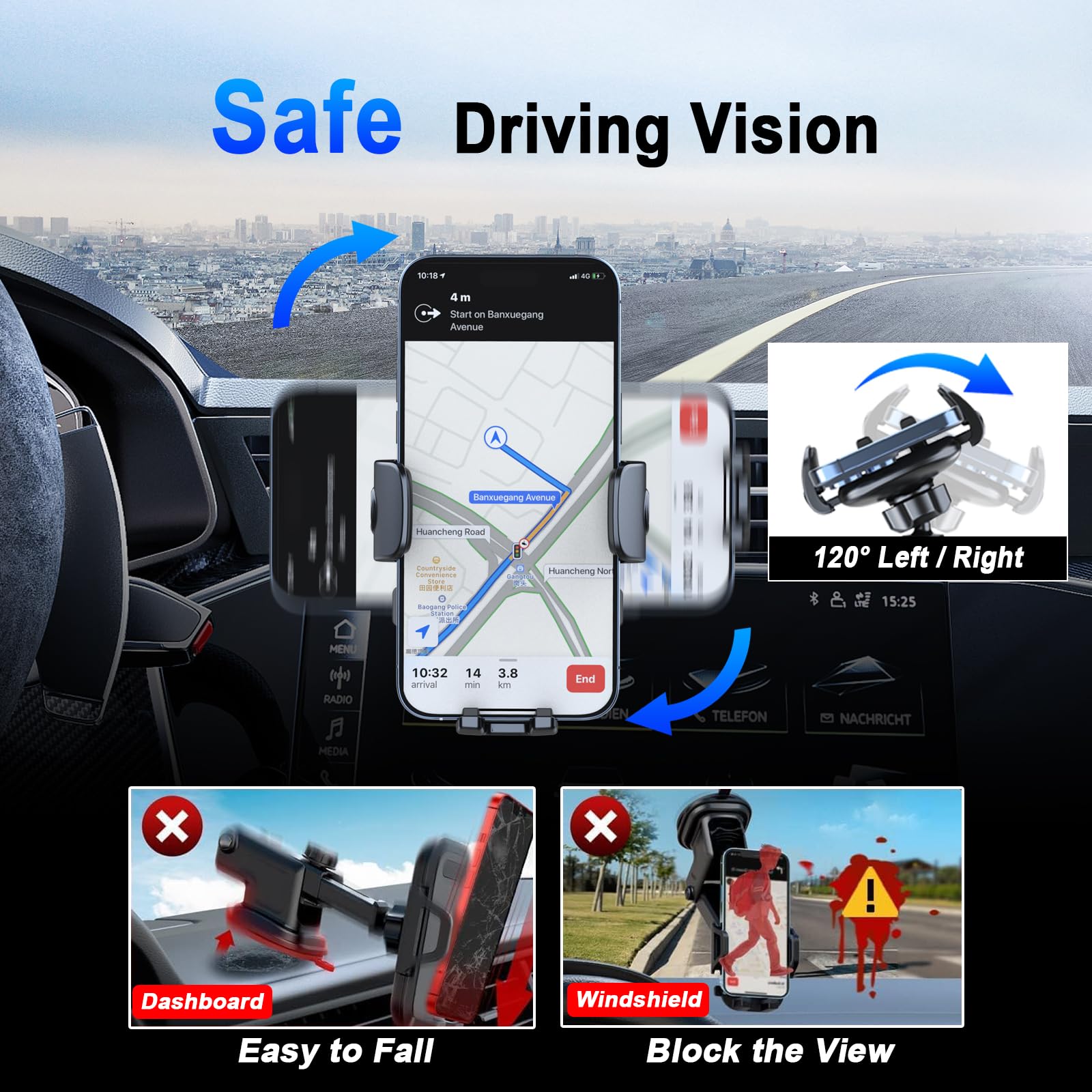 2025 New Ultra-Stable Car Vent Phone Holder with Extended Metal Hook - Wider Clamp for Thicker Cases - Compatible with iPhone 16 Pro Max/15/14/13/12, Samsung S24 Ultra, Pixel & Most Android Phones - Perfect for Safe Driving & Hands-Free Navigation