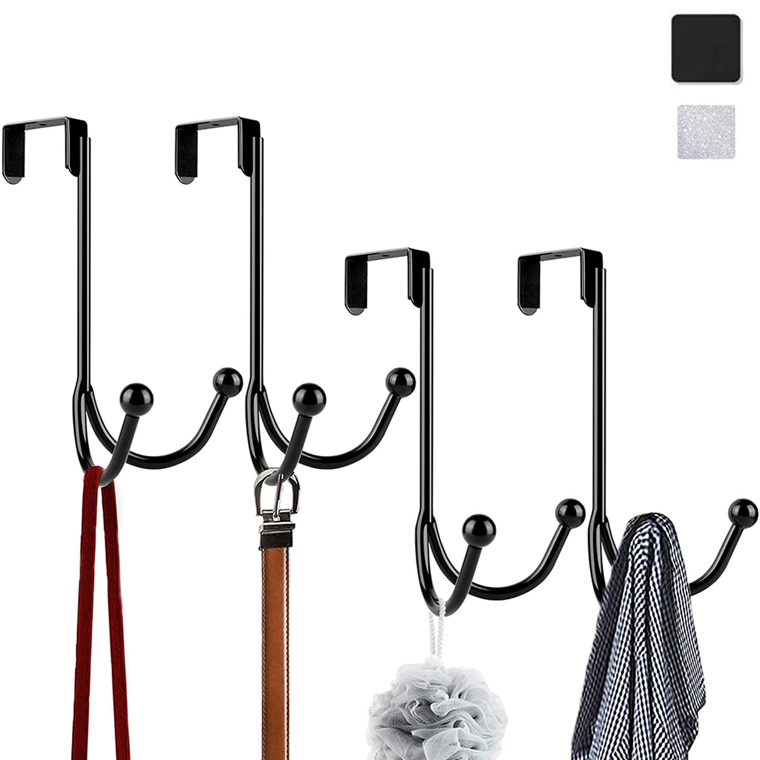 HFHOME 4-Pack Over The Door Double Hanger Hooks - Heavy Duty Metal Twin Hooks Organizer for Coats, Hats, Robes & Towels - Space Saving Closet & Entryway Storage Solution - Perfect for Bedroom, Bathroom & Dorm Organization (Black)