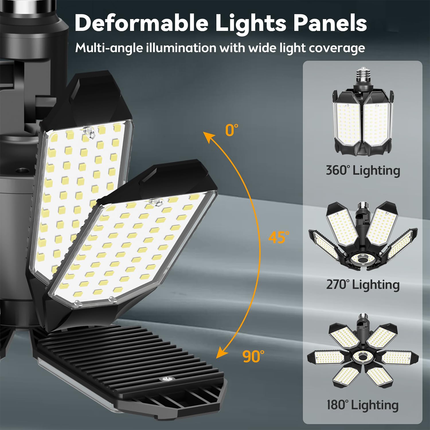 Super Bright 15000LM LED Garage Lights 2 Pack - 6500K Daylight White, 360°&180° Adjustable Ceiling Lighting with 6 Deformable Panels, E26/E27 Screw-in Base - Perfect for Garage, Workshop, Basement, Storage Barn & Attic