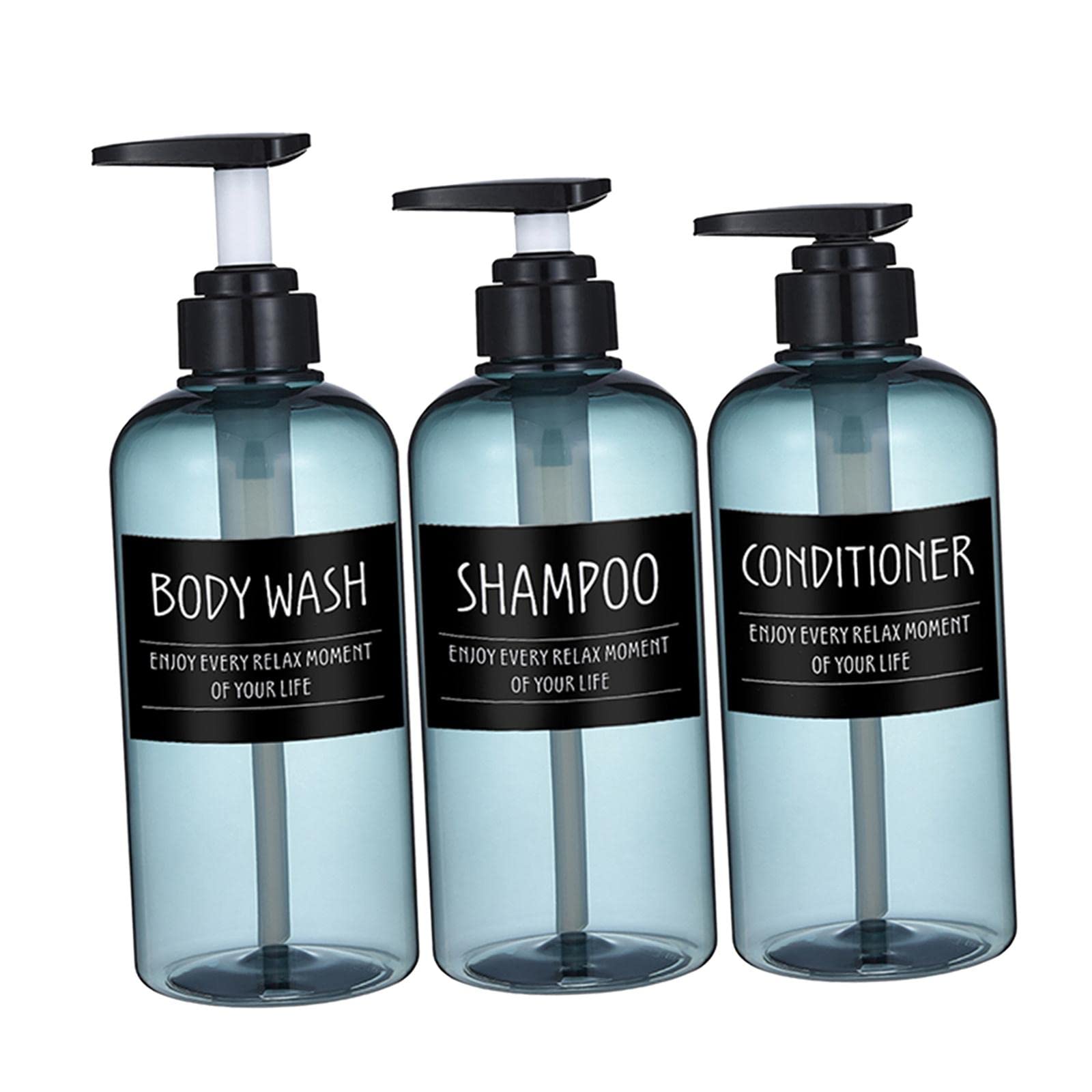 Newmind 3PC Refillable Shampoo Dispenser Bottle with Pump - 500ml Empty Plastic Pump Bottles for Shampoo, Conditioner & Body Wash - Bathroom & Shower Organizer with Labels (Blue-Black) - Perfect for Home, Salon, Gym & Travel Use