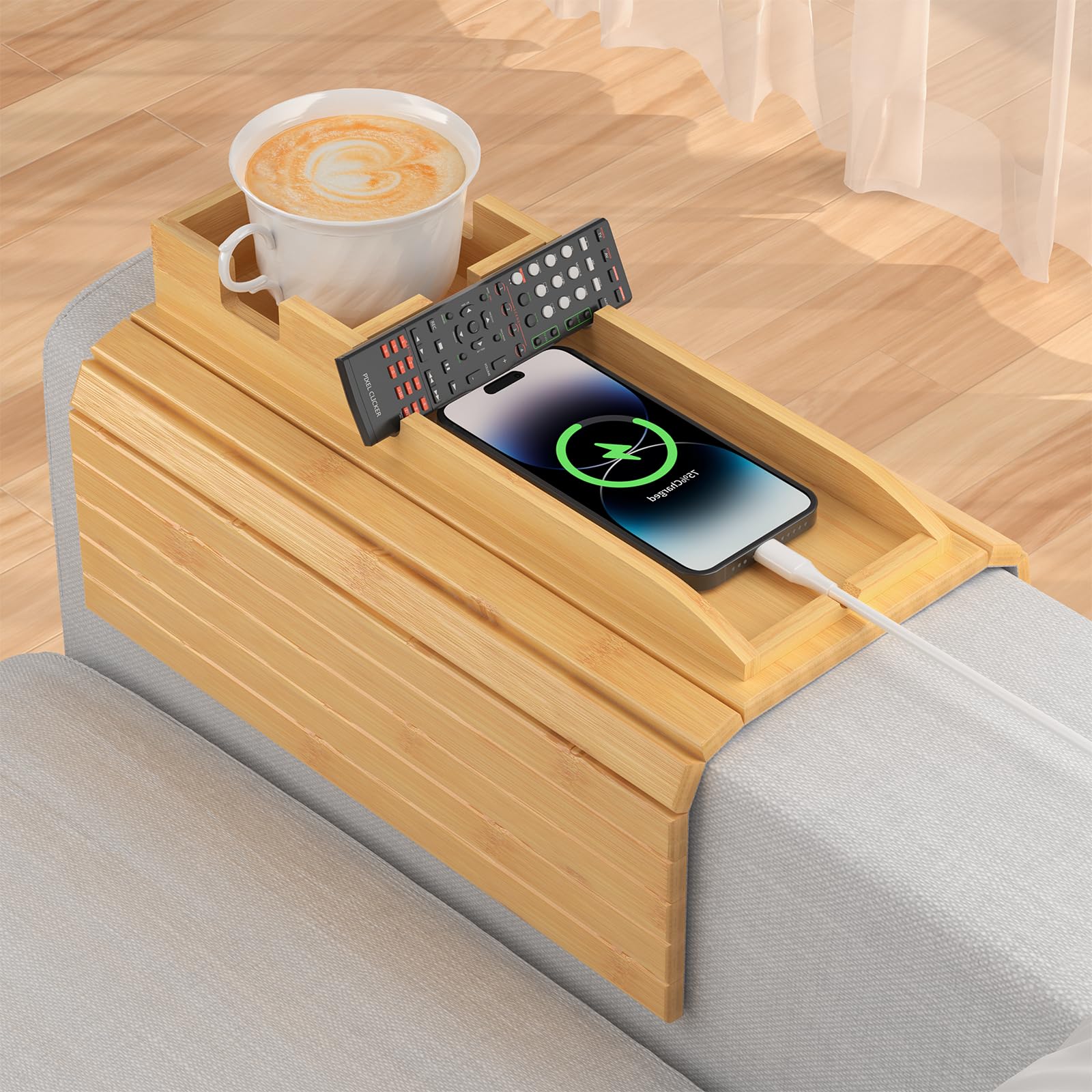 Bamboo Sofa Armrest Tray with Detachable Cup Holder - 2-in-1 Foldable Couch Table for Drinks, Snacks & Remote Control - Non-Slip Design for Living Room, Bedroom & Office Use