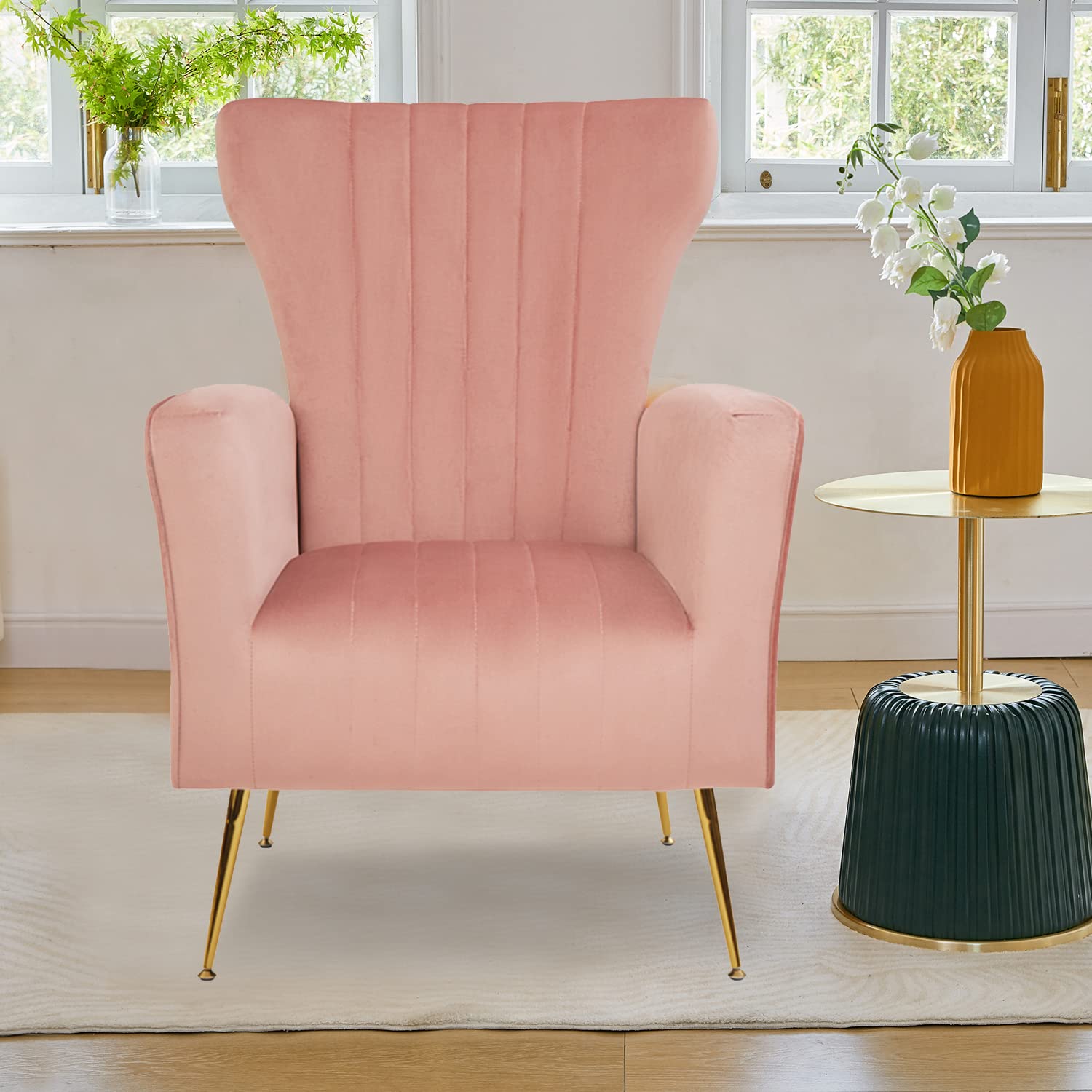 HomVent Accent Wingback Arm Chair - Channel Tufted Upholstered Single Sofa with Golden Legs for Living Room, Bedroom, Club - Elegant Lounge Chair for Home Decor & Relaxation