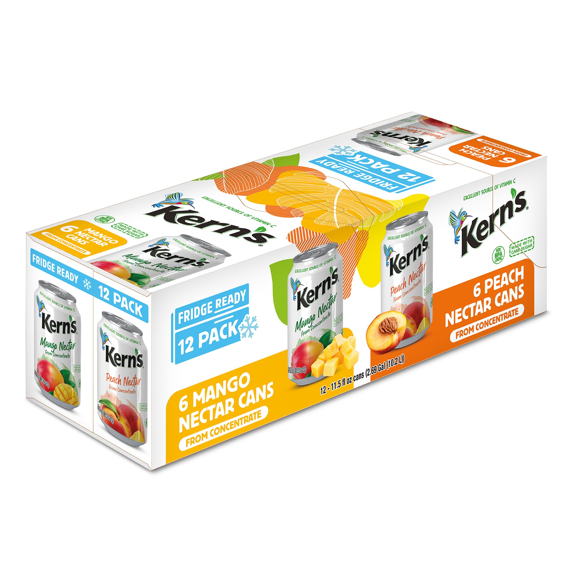 Kern's Tropical Fruit Nectar Juice Variety Pack - 12 Cans of Mango Nectar & Peach Juice (11.5oz Each) | 100% Fruit Puree | Perfect for Smoothies, Cocktails, Kids Drinks & Party Beverages | Refreshing Tropical Flavor for Summer BBQs, Pool Parties & Family Gatherings