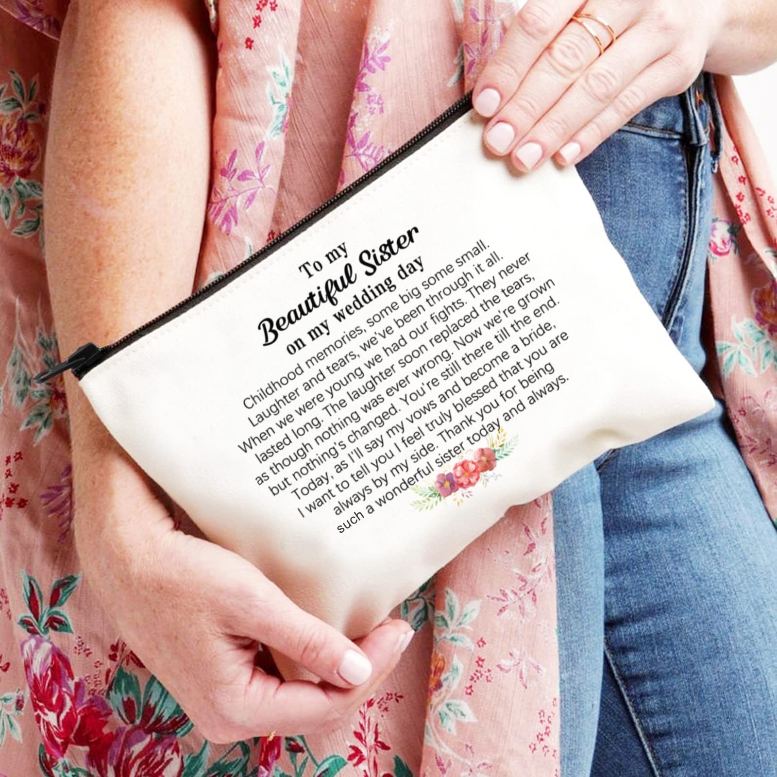 XYANFA Bridal Makeup Bag - Wedding Gift for Sister from Bride, Thank You Sister Zipper Pouch (To My Beautiful Sister) - Perfect for Bridal Shower, Bachelorette Party & Wedding Day Essentials