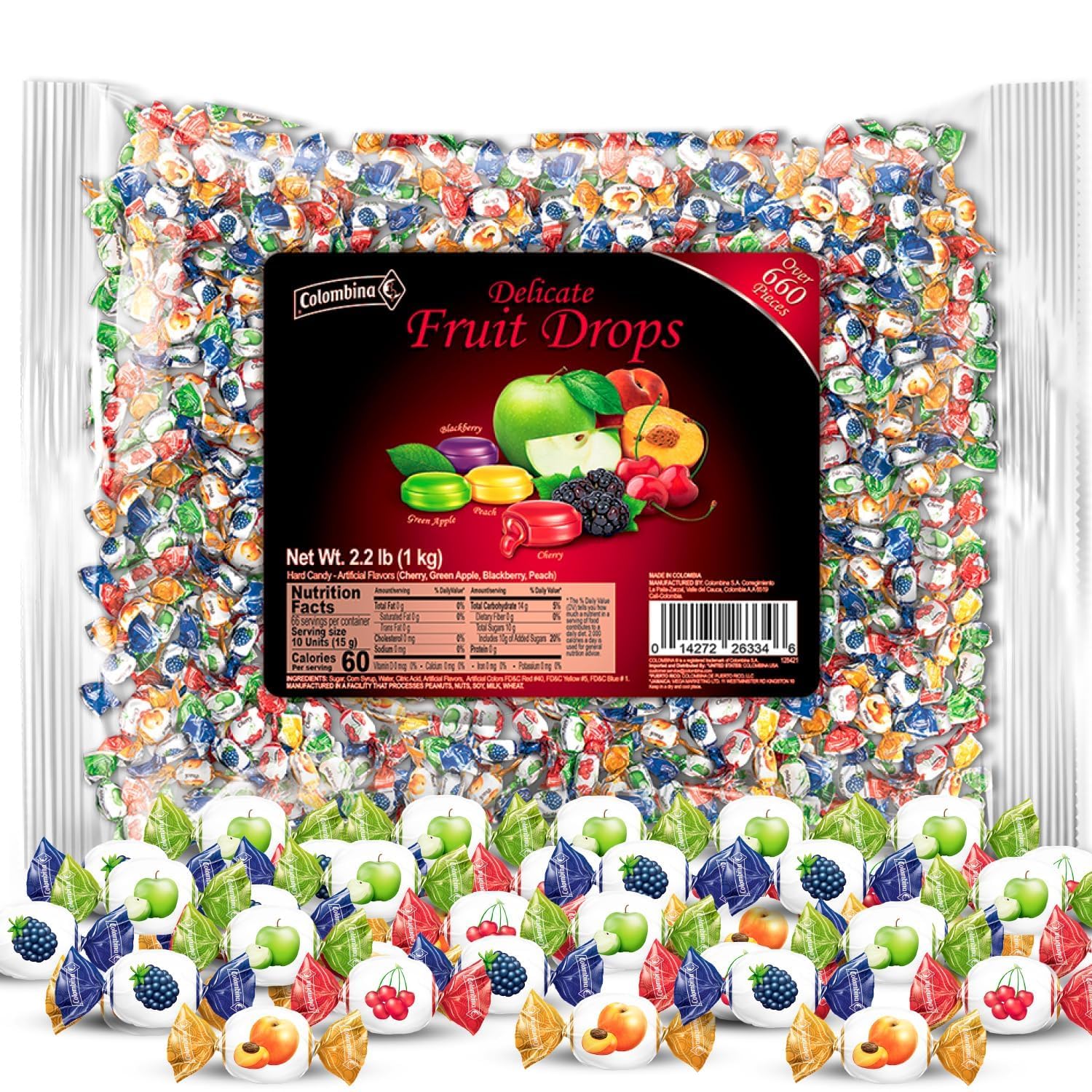 Colombina Delicate Fruit Drops - 4 Assorted Fruit Flavored Candies (Strawberry, Lemon, Orange, Raspberry) - Individually Wrapped Hard Candies - 2.2lb Bulk Bag - Perfect for Parties, Office Treats & Holiday Gifts (Easter, Halloween, Christmas)