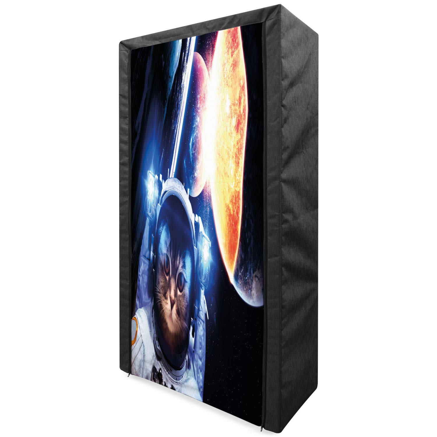 Ambesonne Space Cat Fabric Wardrobe - Kitten in Suit with Planets & Nebula Design, 33.5 Inch Portable Clothing Organizer with Shelves, Dark Blue & Orange - Perfect for Bedroom, Closet & Dorm Room Storage