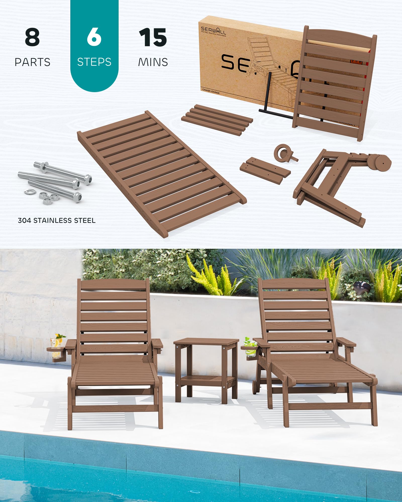 SERWALL 2-Piece Adjustable Patio Chaise Lounge Chair Set - 5-Position HDPE Outdoor Lounge Chairs with Rolling Wheels & Cup Holder - Perfect for Poolside, Deck, Garden, and Backyard Relaxation - Brown