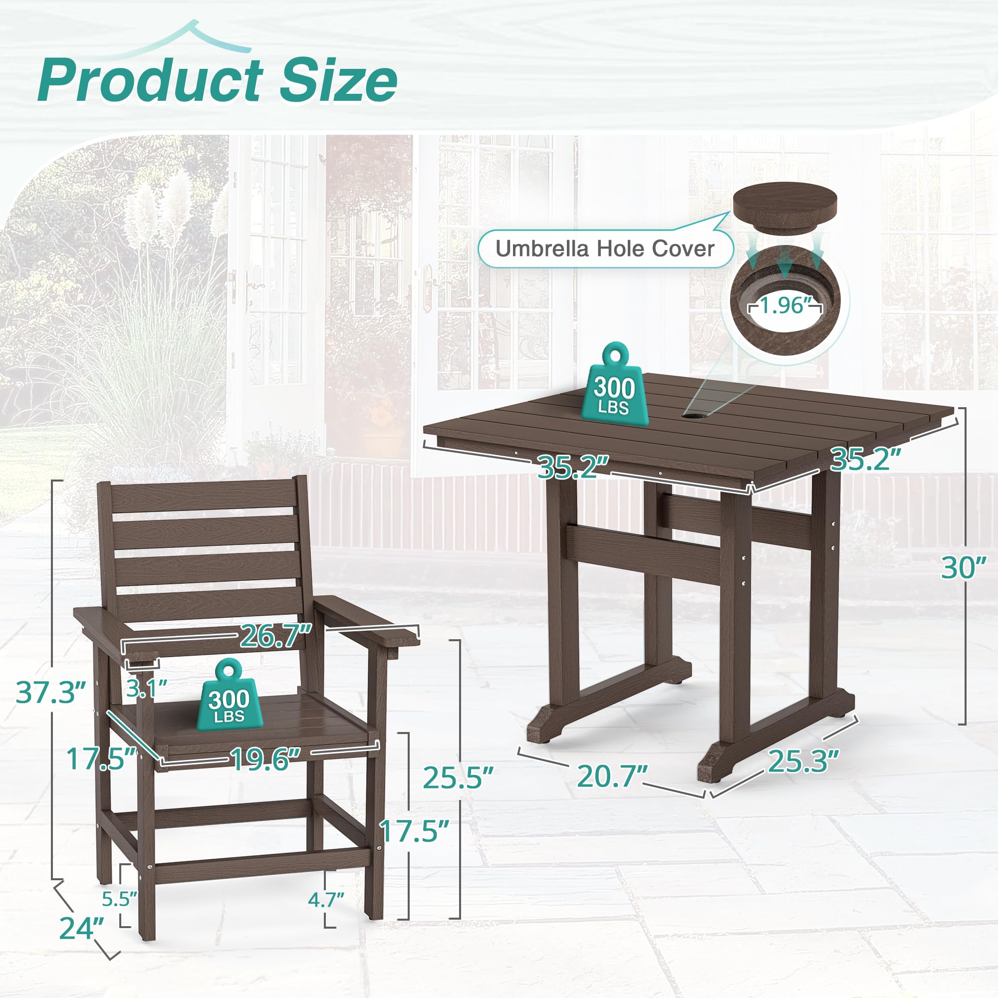 5-Piece Outdoor Dining Set - HDPE Weather-Resistant Patio Table & Chairs with Umbrella Hole - Square Balcony Furniture Set (Dark Brown) - Perfect for Backyard, Garden & Poolside Entertaining