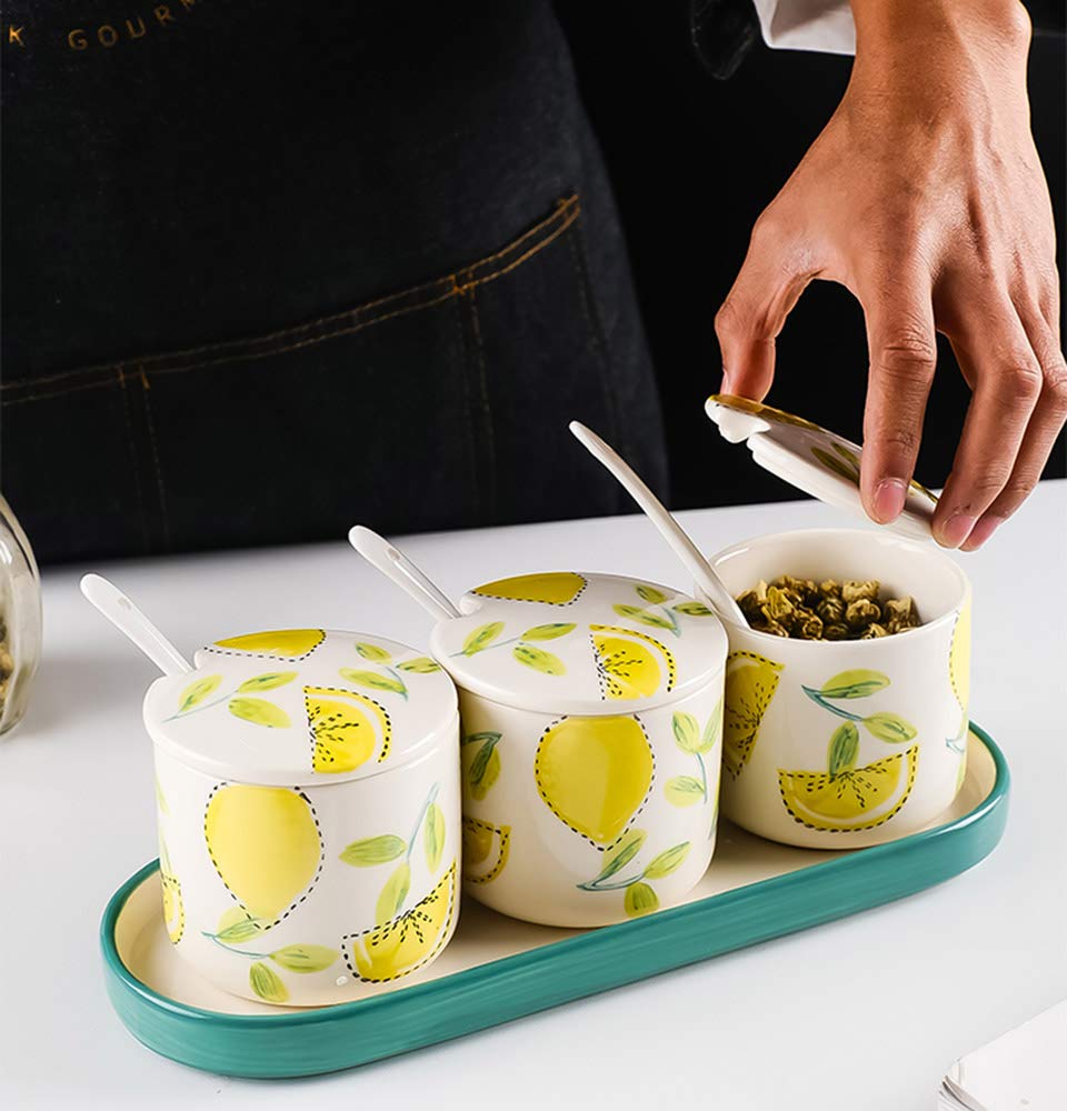Ceramic Sugar Bowl with Lid and Spoon - Handcrafted Fruit Print Spice Jar for Kitchen Storage - Perfect for Tea, Coffee, Baking & Pantry Organization