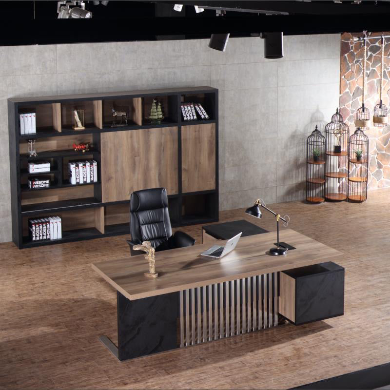 DAXTON 200cm Executive Desk with Left Return in Warm Oak & Black - Perfect for Home Office & Professional Workspaces