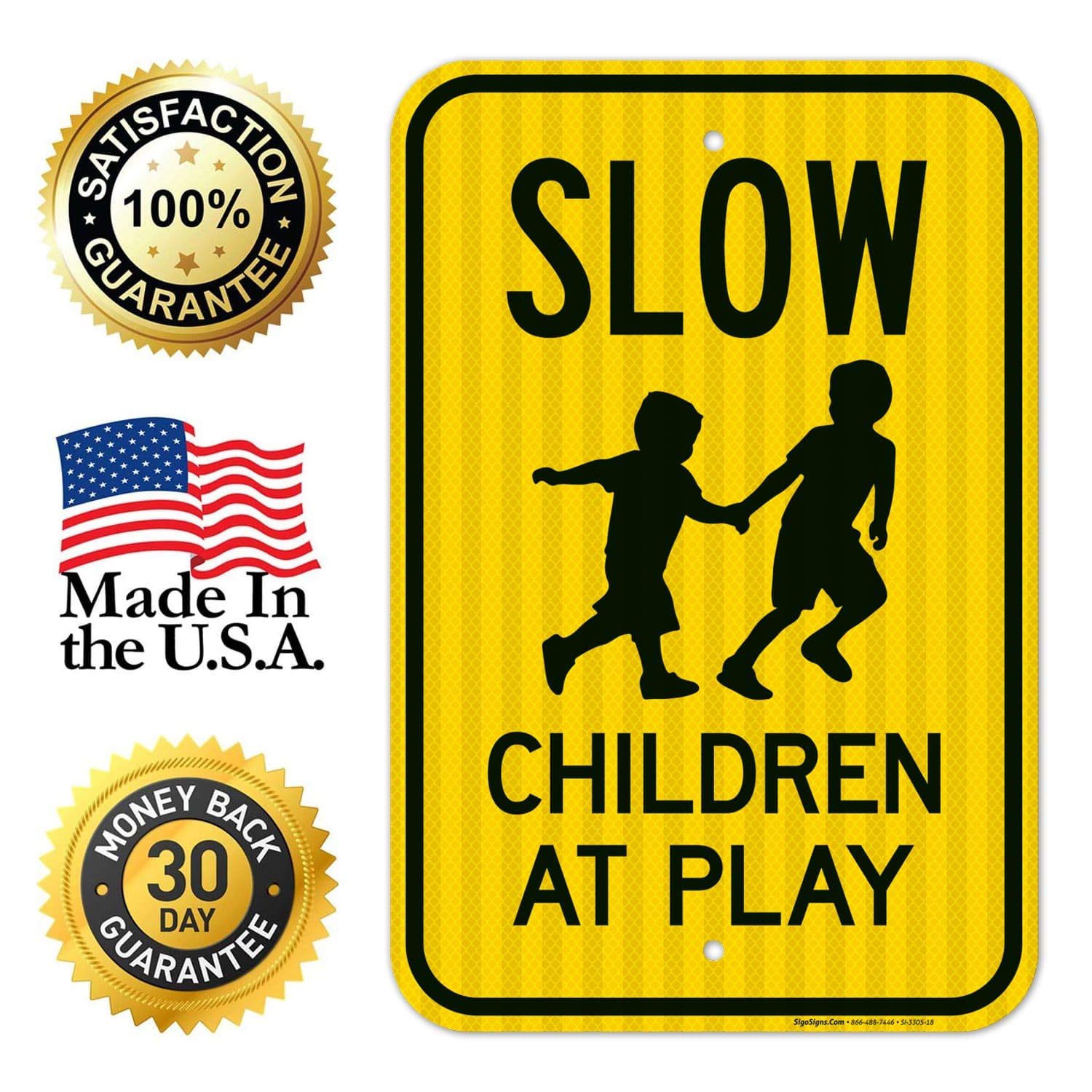 Slow Children at Play Sign - 12x18 Inch Reflective Aluminum Traffic Sign with Kids Playing Image | 3M EGP Reflective, Fade Resistant | Indoor & Outdoor Use | Made in USA | Perfect for School Zones, Neighborhoods & Play Areas