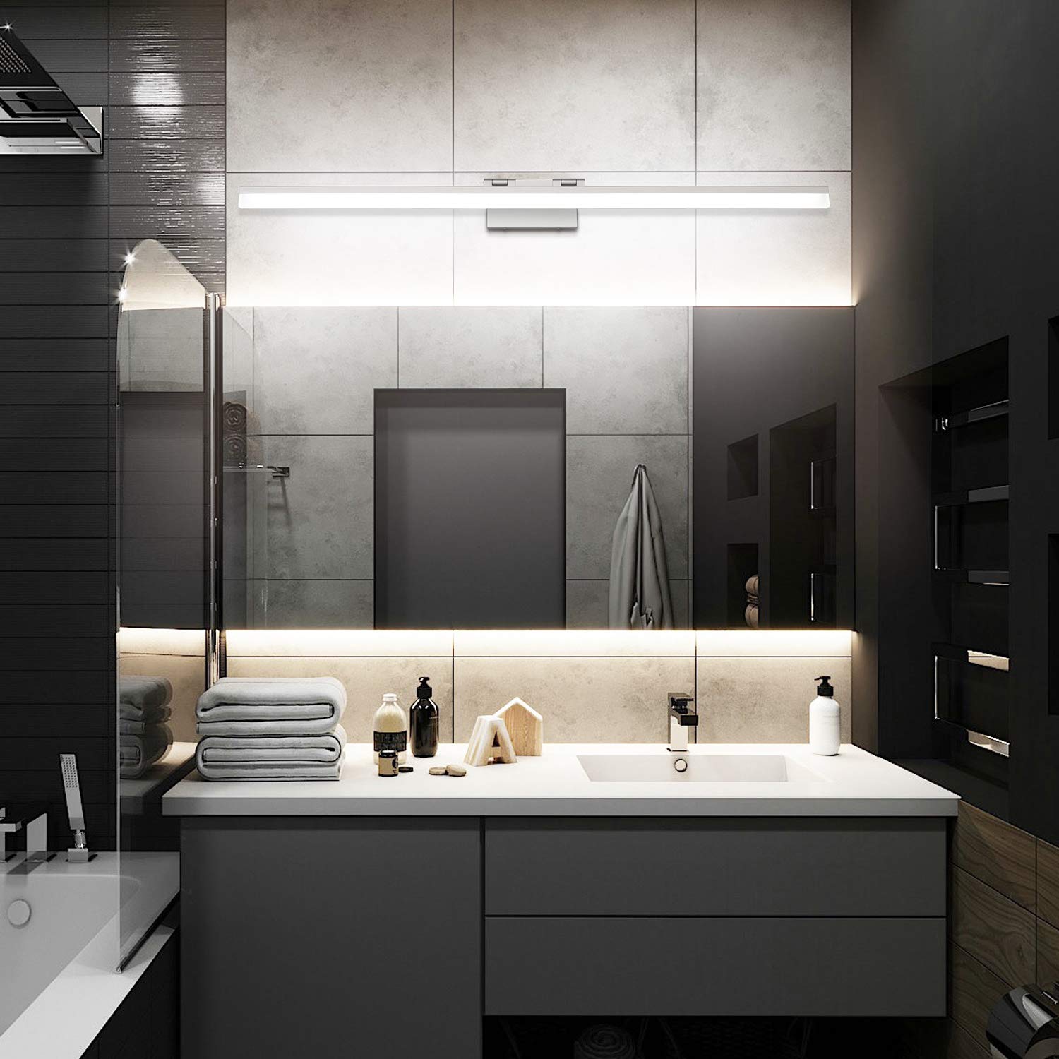 SOLFART 47.2 Inch Modern LED Bathroom Vanity Light - Rotating Mirror Lighting Fixture with Silver Finish & Acrylic Shade | Perfect for Bathroom, Powder Room & Dressing Area Makeup Lighting