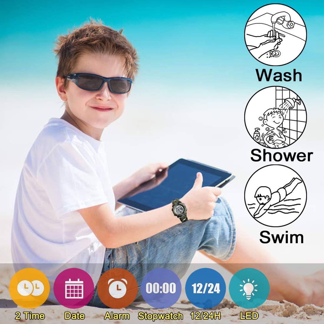 Utimers Boys Digital Sports Watch - Waterproof Kids Watch with Alarm, Timer & LED Light - Durable Silicone Band for Outdoor Activities, Swimming & School Use