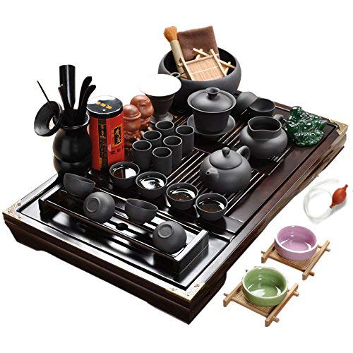 Premium Wooden Tea Tray with Ceramic Kung Fu Tea Set - Traditional Chinese Black Tea Service for Home, Office & Tea Ceremonies
