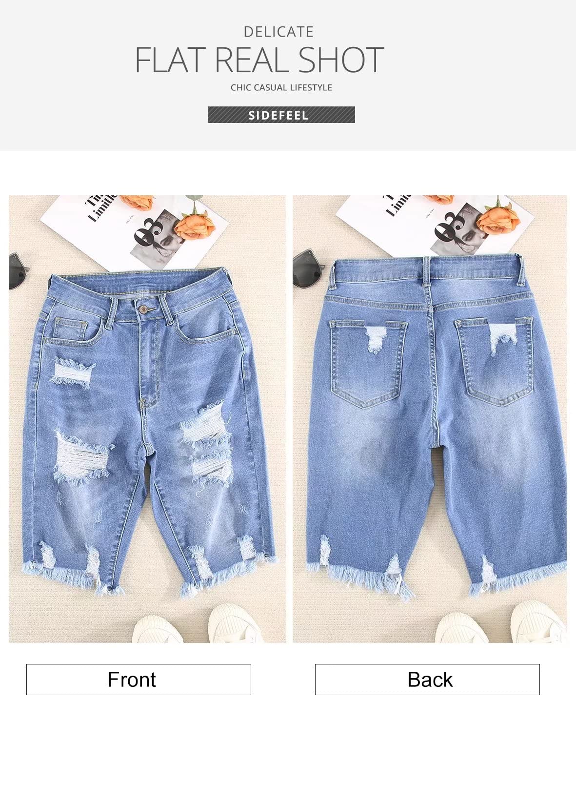 Sidefeel Women's Bermuda Shorts - Raw Hem Denim Shorts for Summer | High Waisted Jean Shorts | Casual & Comfortable for Beach, Travel, and Everyday Wear