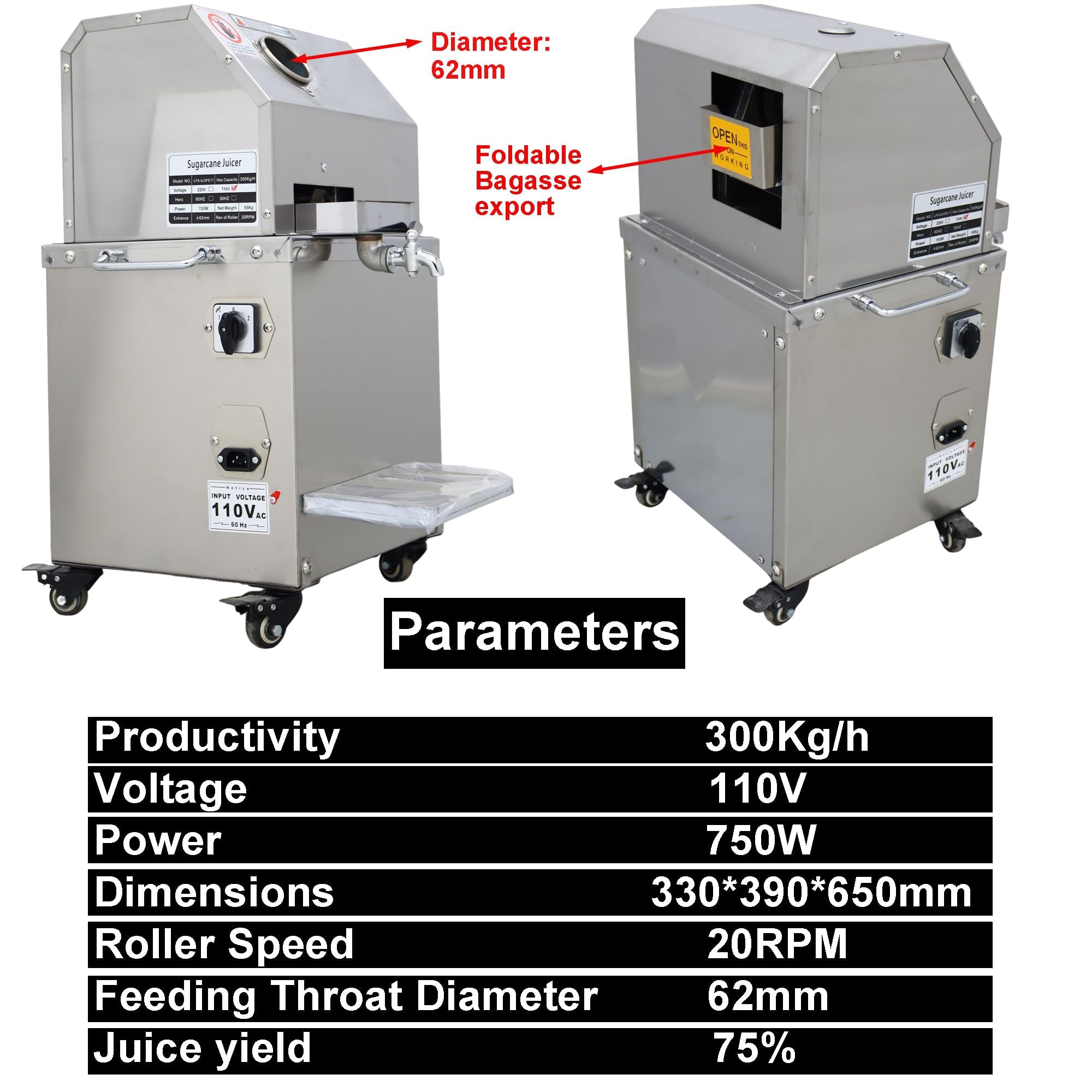 Electric Sugar Cane Juicer Machine - 300Kg/H Commercial Vertical Sugarcane Press with 3 Stainless Steel Rollers & 2 Knives - 110V for Fresh Juice Bars, Restaurants, and Home Use