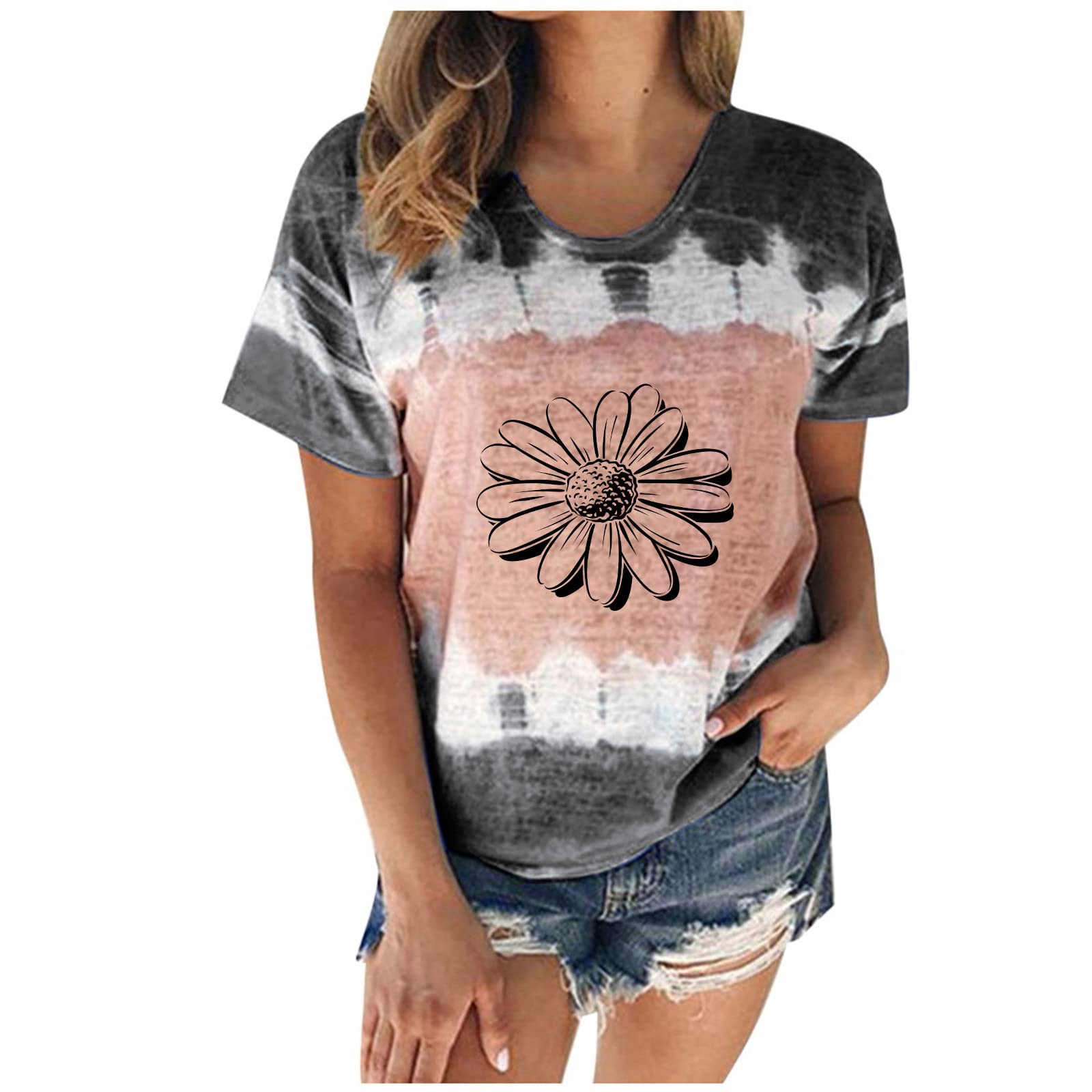 Vintage Ombre Tie Dye Short Sleeve Graphic Tees for Women - Casual Loose Fit Floral Print Crewneck Shirts - Perfect for Summer Outfits, Beach Vacations & Music Festivals